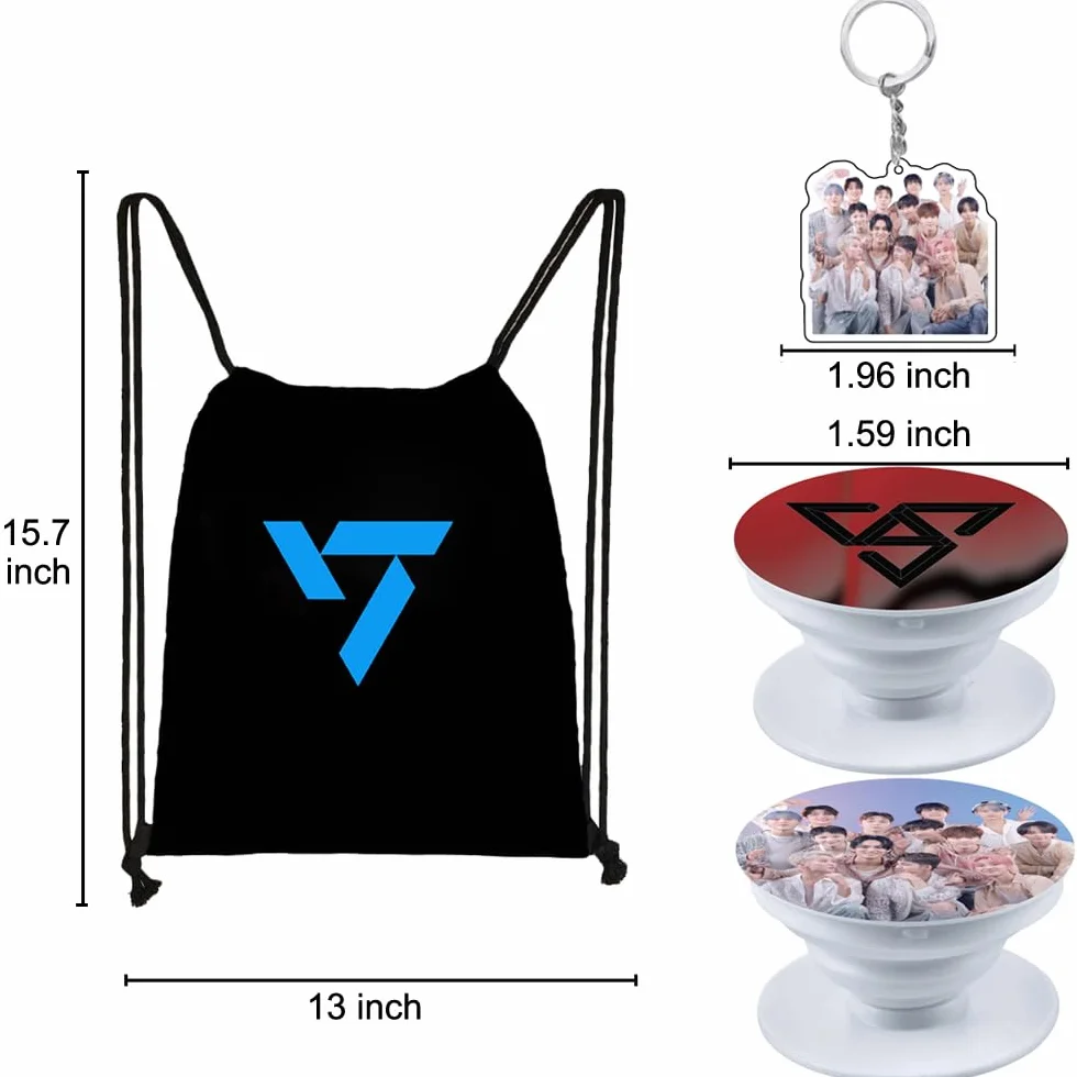 Zestaw prezentów Kpop Seventeen, w tym plecak ze sznurkiem, naszyjnik, kolczyki, bransoletki, przypinki na guziki, uchwyt na identyfikator smyczy, brelok, uchwyt na pierścionek na telefon,