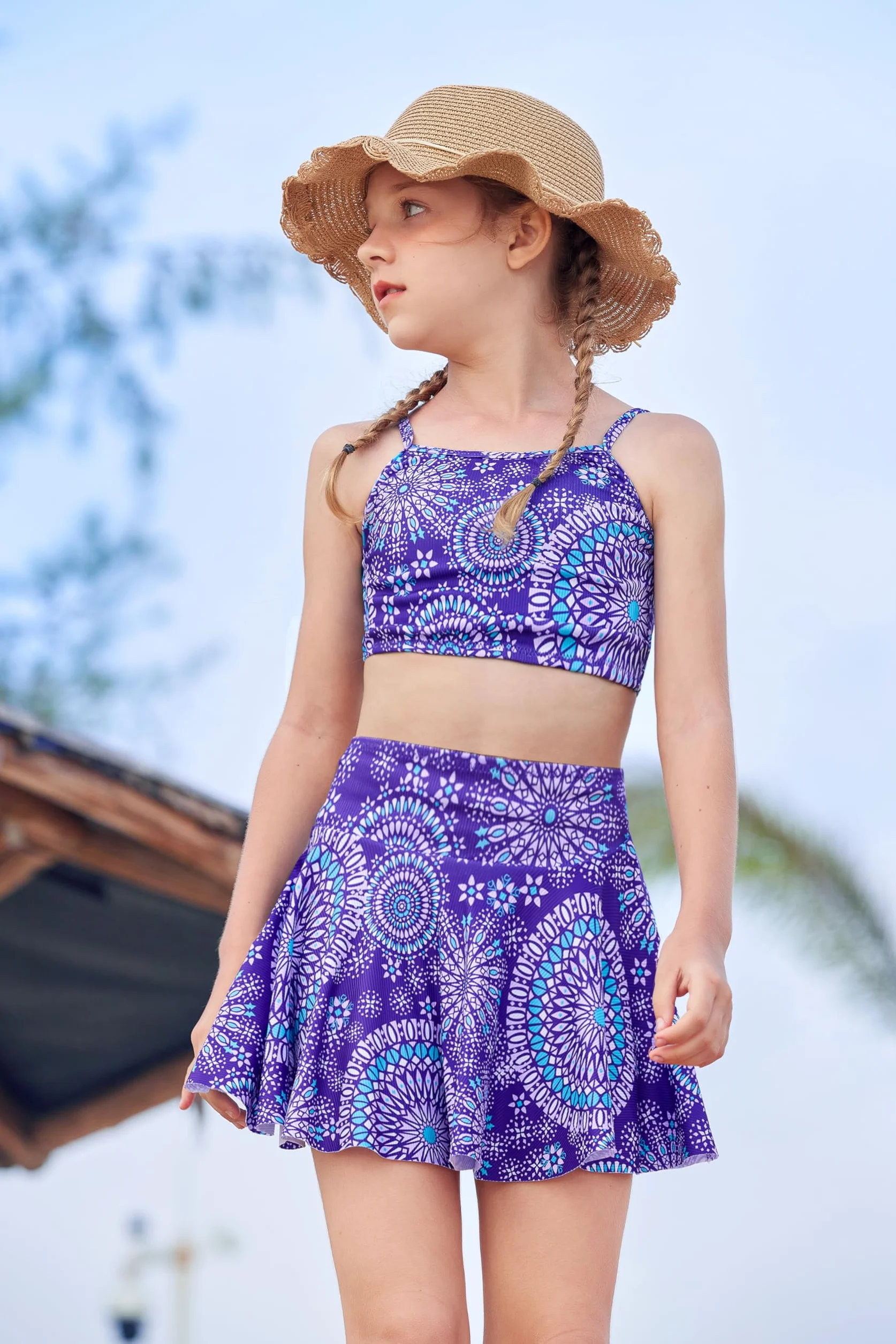 Arshiner Dziewczęce bikini zestaw 3-częściowy, letnie stroje kąpielowe dla dzieci, trójczęściowy, tankini ze spódnicą, nadruk kwiatowy, moda kąpielowa bikini dla dziewczynek w wieku 5-15 lat