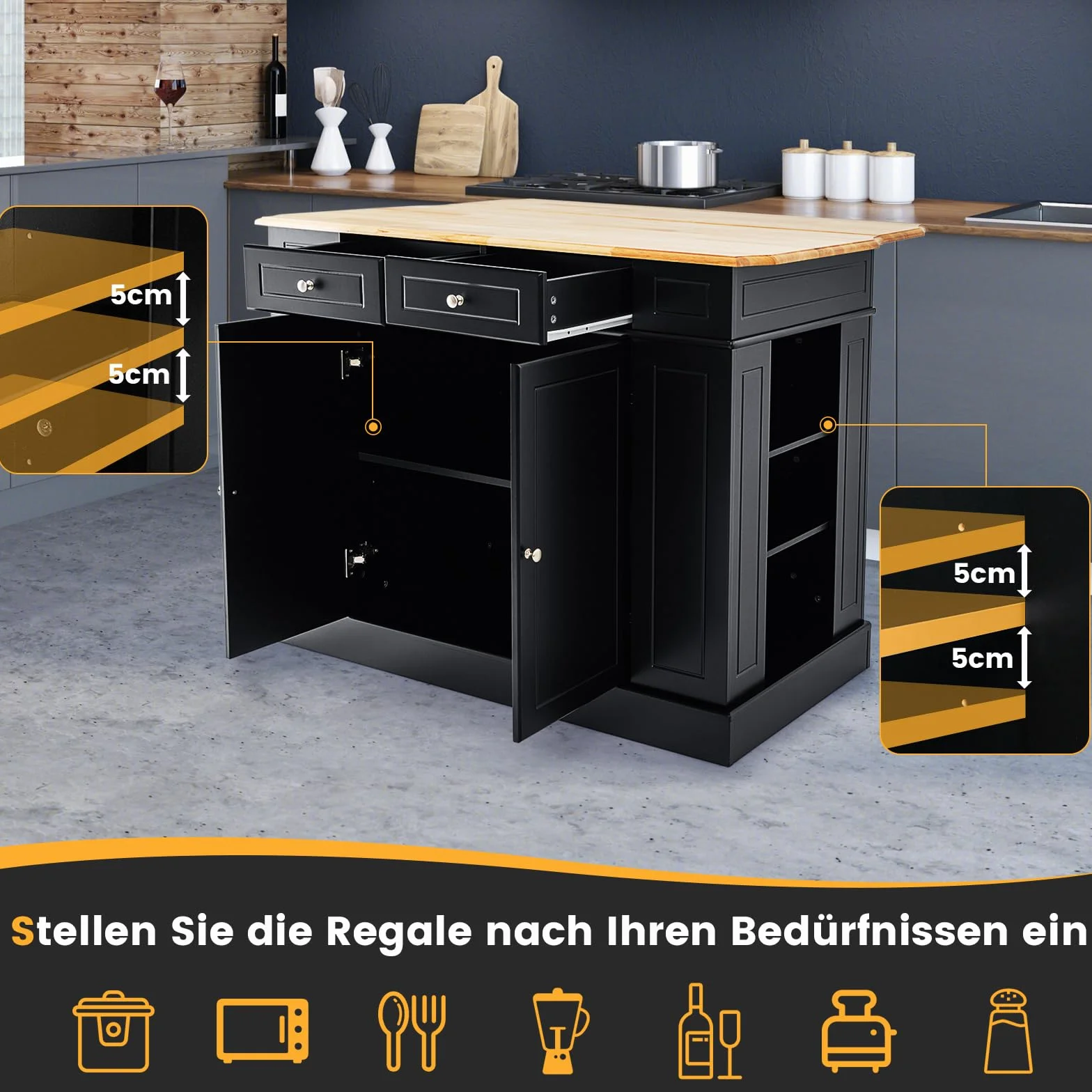 COSTWAY Wyspa kuchenna z rozszerzalnym blatem roboczym, szafka z szufladami i półkami, drewno, 120 x 91 x 92 cm, czarna