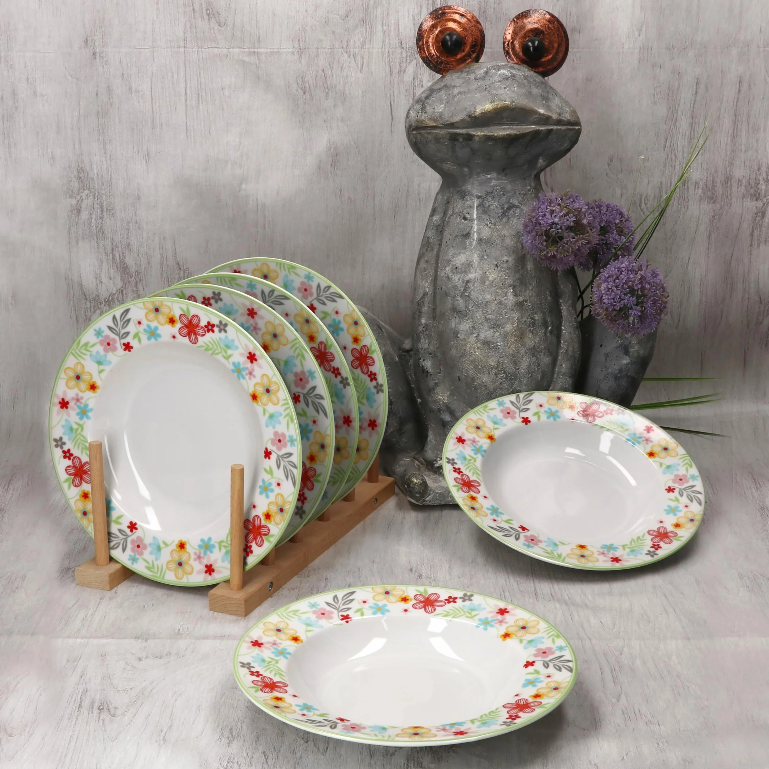 MamboCat Zestaw 6 talerzy do zupy z kwiatkami, kolorowe, głębokie talerze porcelanowe dla 6 osób, kolorowe, okrągłe talerze do sałaty, zupy, musli, makaronu itp. na śniadanie, obiad i kolację
