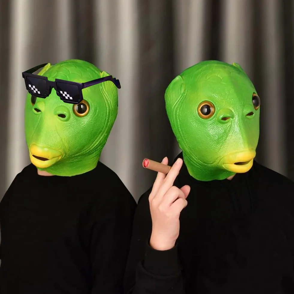 Realistyczna maska lateksowa rybna HUYIWEI zielona głowa ryby kostium karnawałowy Halloween dla dzieci od 14 lat