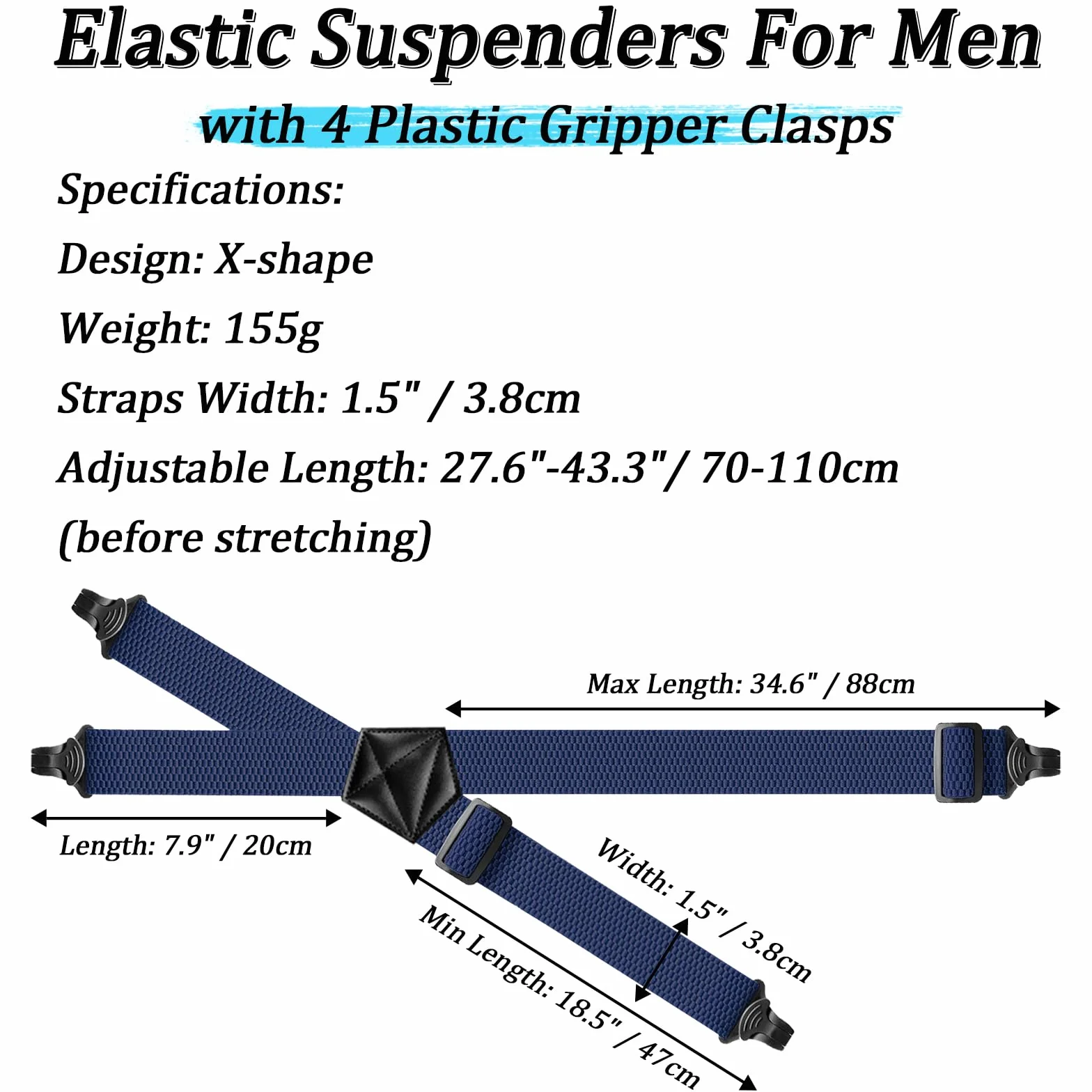 Suspenders for Men Heavy Duty 1,6 cala Wide Airport Friendly Hidden Suspenders with 4 Plastic Gripper Clasps Adjustable Elastic Braces for Casual Work X-Back ciemnoniebieski