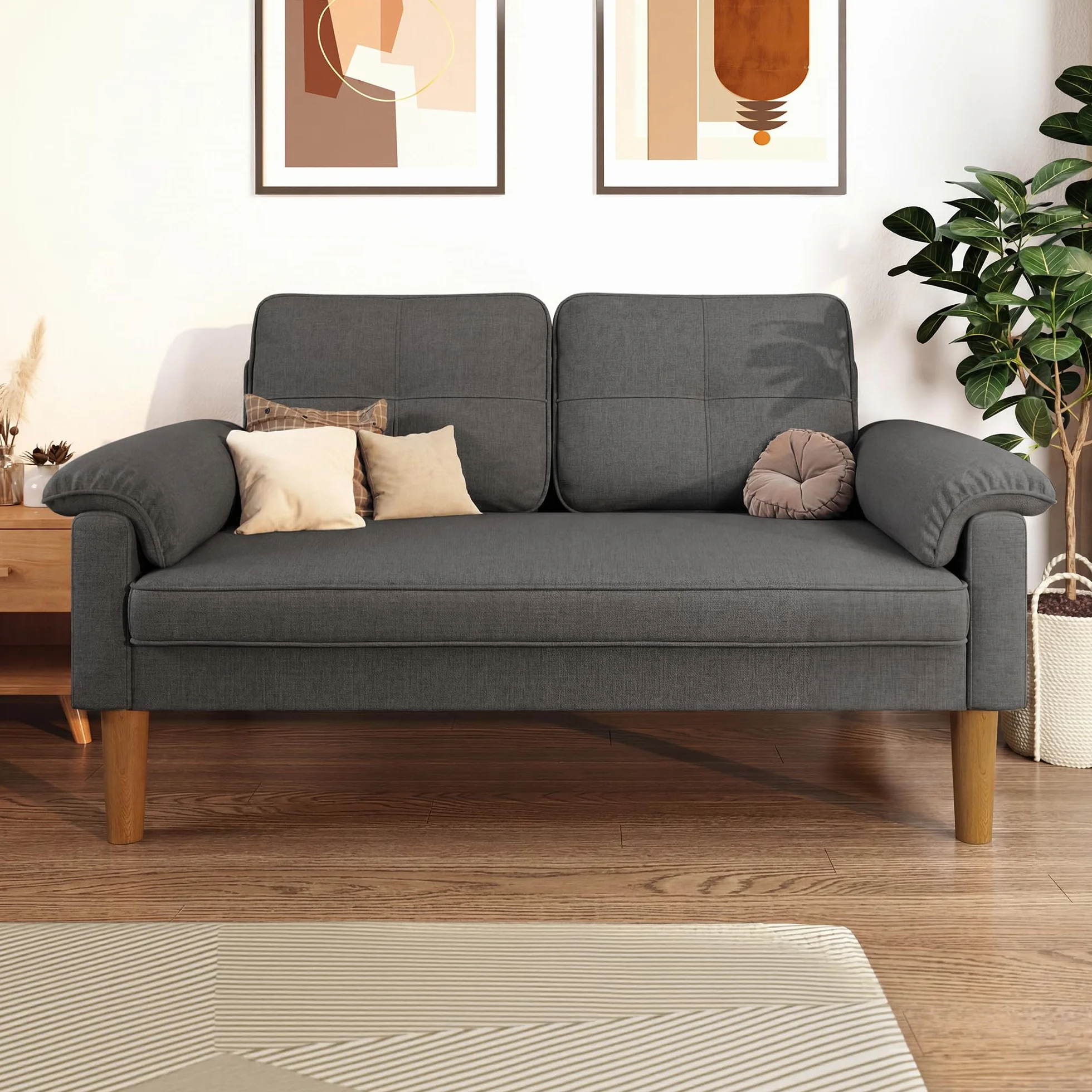 Xbro Sofa 2-osobowa, kanapa z podłokietnikiem i kieszenią boczną, materiał, 144x77x77 cm, ciemnoszara