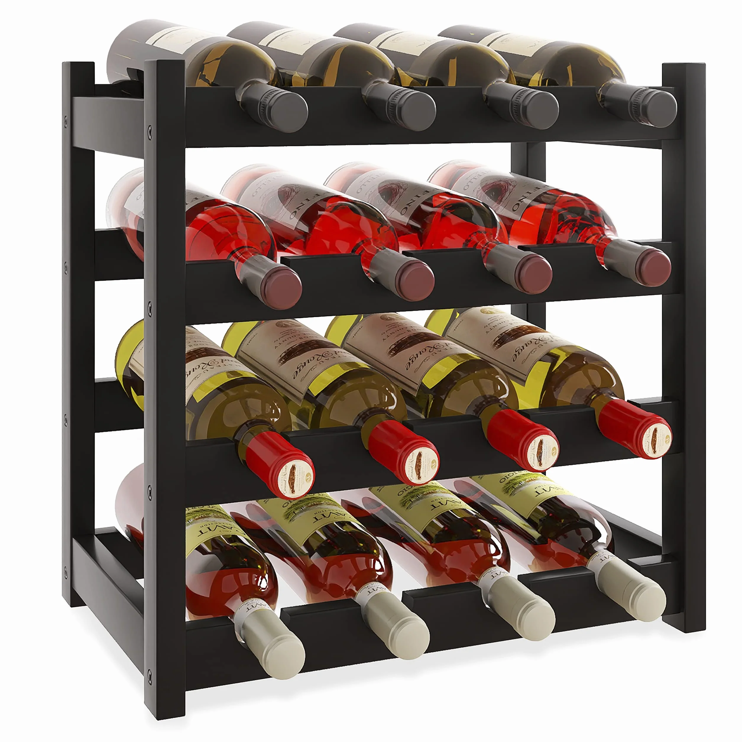 SMIBUY Bambusowy regał na wino 16 uchwytów 4-poziomowy wolnostojący czarny