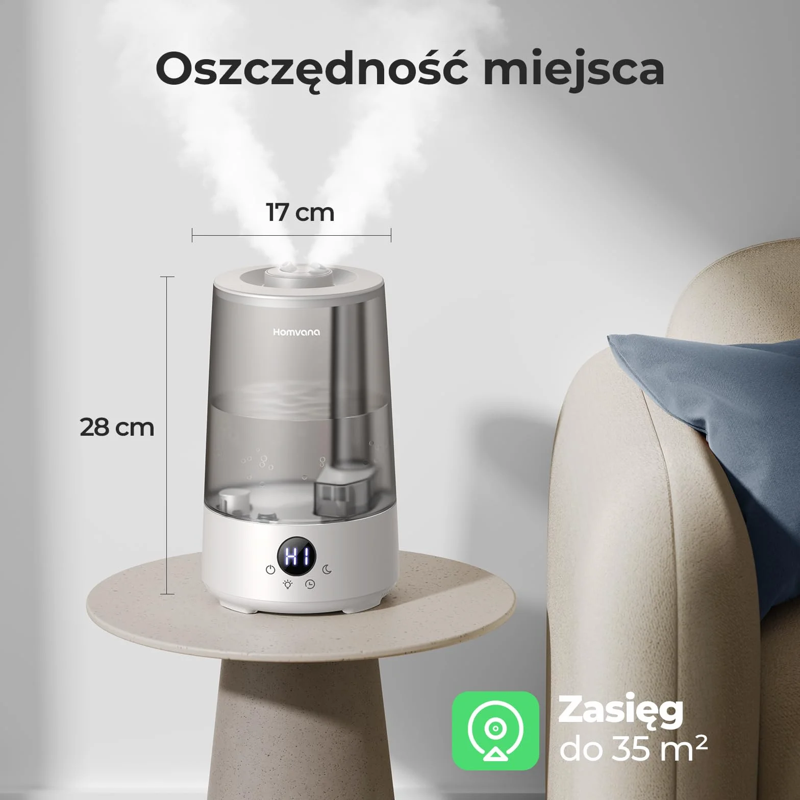 Homvana Nawilżacz Powietrza 3,6L Plastik Sypialnia Pokoju Dziecka, Ultradźwiękowy 360° Cool Mist, 34h Pracy, Bardzo Cichy 16 dB (SilentSpray), Bez BPA, Dyfuzor Zapachowy, 7 Kolorów LED