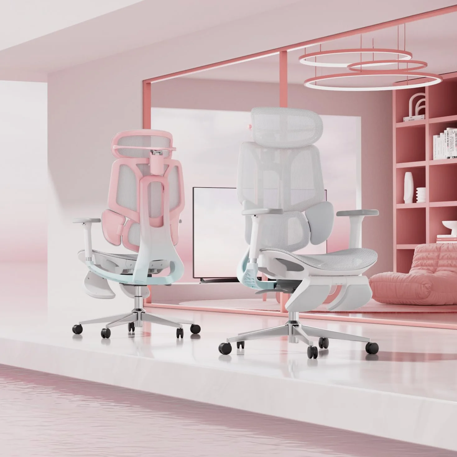 Hbada E3 Pro Ergonomiczny Fotel Biurowy z Dynamicznym Wsparciem Lędźwiowym 3-Strefowym, Regulowany Zagłówek 4D, Podłokietniki 4D, Podnóżek, Różowy