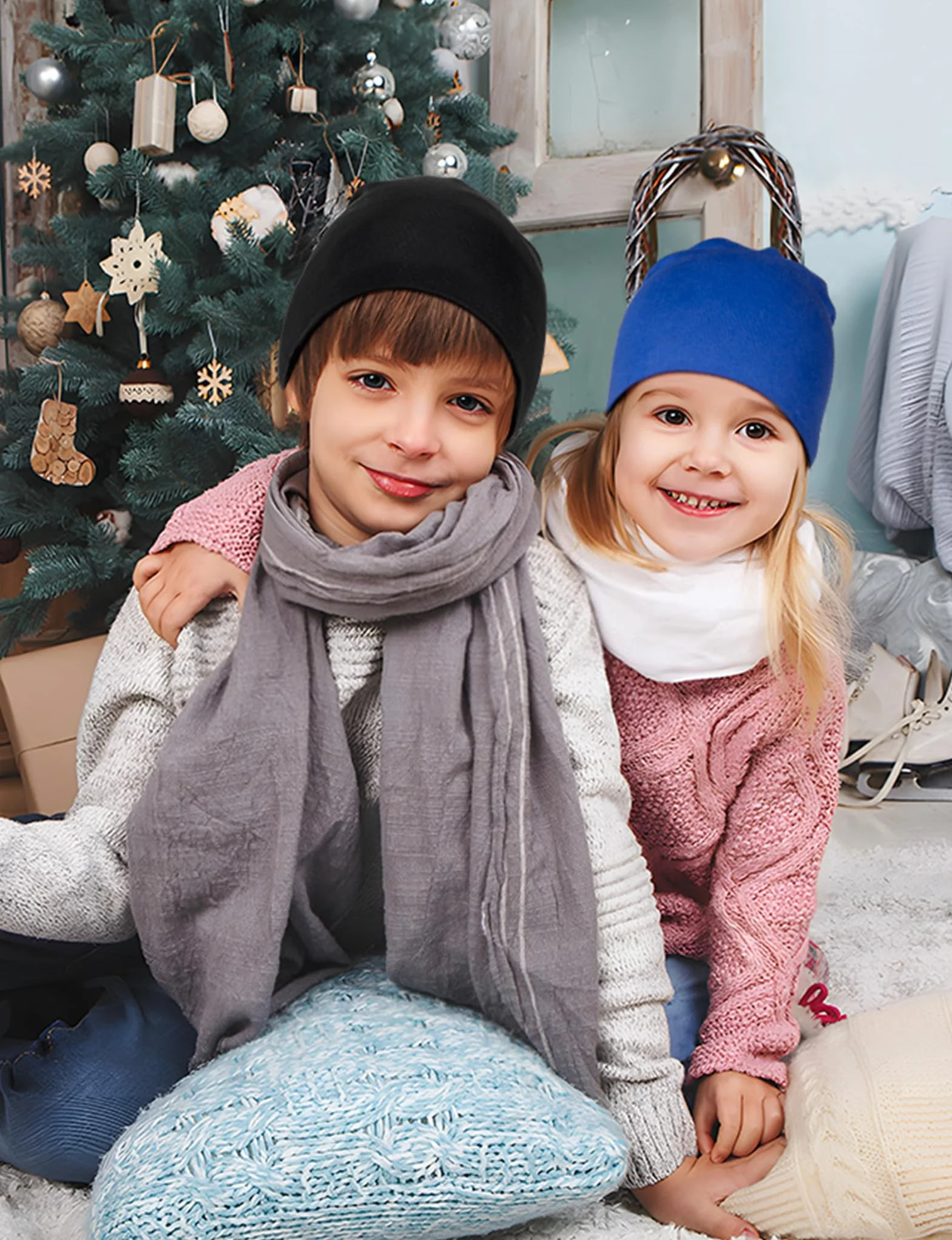 Kiiwah 2 czapki dziecięce Slouch Beanie, miękkie czapki zimowe dla chłopców i dziewczynek, ciepłe czapki dziecięce, dwuwarstwowa czapka z dzianiny dla dzieci, na wiosnę, jesień, zimę, czarny