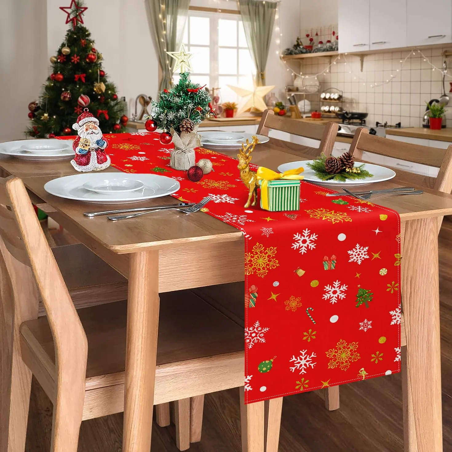 Czerwony bieżnik bożonarodzeniowy 33 cm x 183 cm, nowoczesny, świąteczny, czerwony, zimowy, w choinki i płatki śniegu, na stół, idealny na przyjęcie świąteczne, dekoracja bożonarodzeniowa na stół