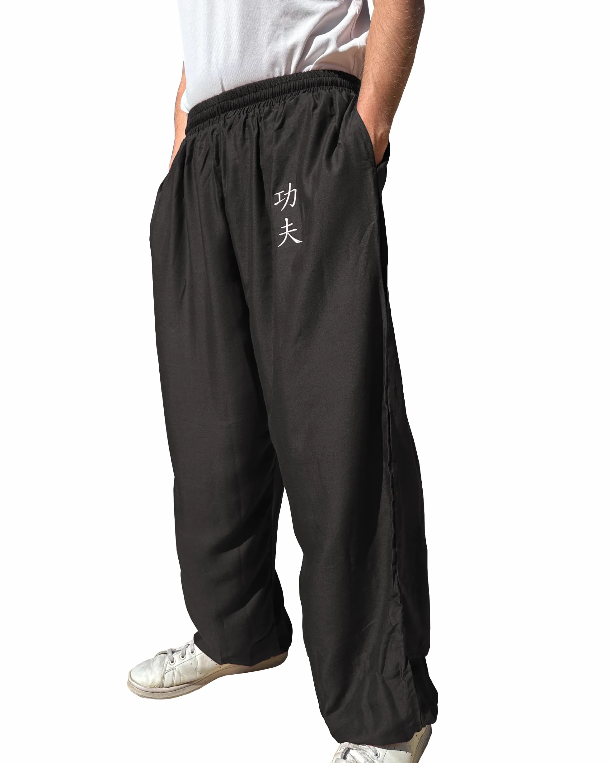 TAO MARTIAL Kung Fu Style Tai Chi i Wing Chun Spodnie z Luźnymi Kieszeniami Wiskoza, V3, Czarny Kung Fu, S (155-165cm)