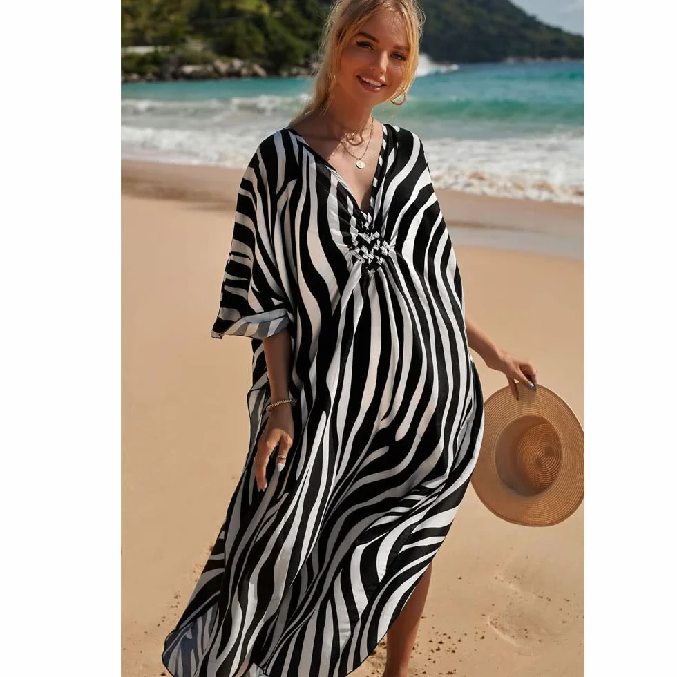 Kaftan damska długa sukienka plażowa w stylu boho, letnia sukienka maxi, pareo, okrycie bikini, na urlop i plażę