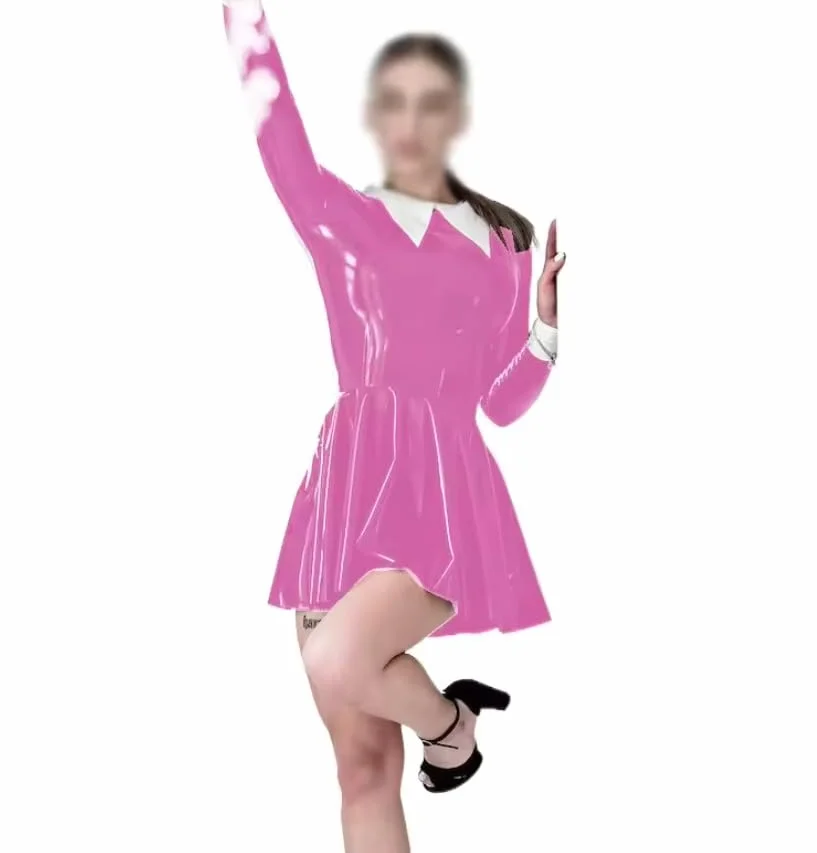 Kołnierz z klapą Wetlook długi rękaw linia A plisowana mini sukienka PVC odzież klubowa odzież damska personalizacja