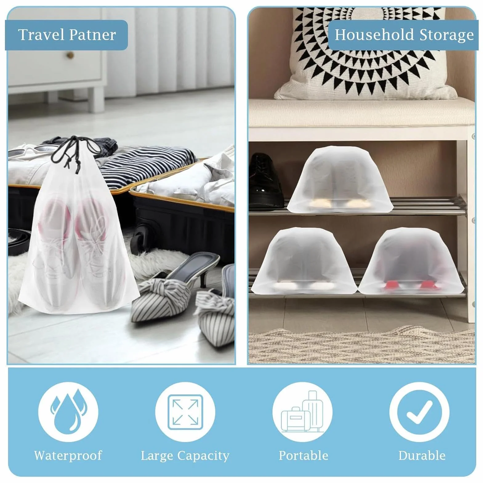 Shoe Bag 6-Piece Transparent Drawstring Backpack Large Clear Travel Organizer Pouches for Shoes Portable Storage Suitcase Train Travel Durable Lightweight