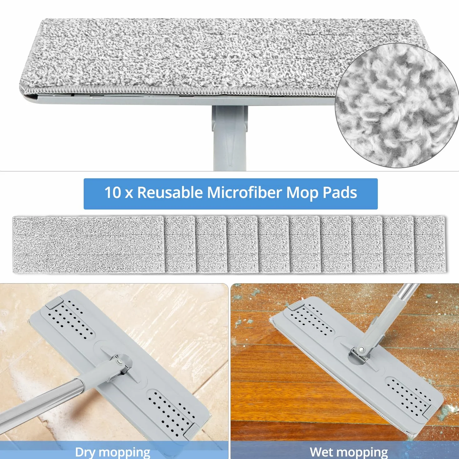 QWORK® Zestaw mopa i wiadra, wielofunkcyjny system czyszczący dwukomorowy, z 10 podkładkami z mikrofibry i uchwytem o długości 120 cm