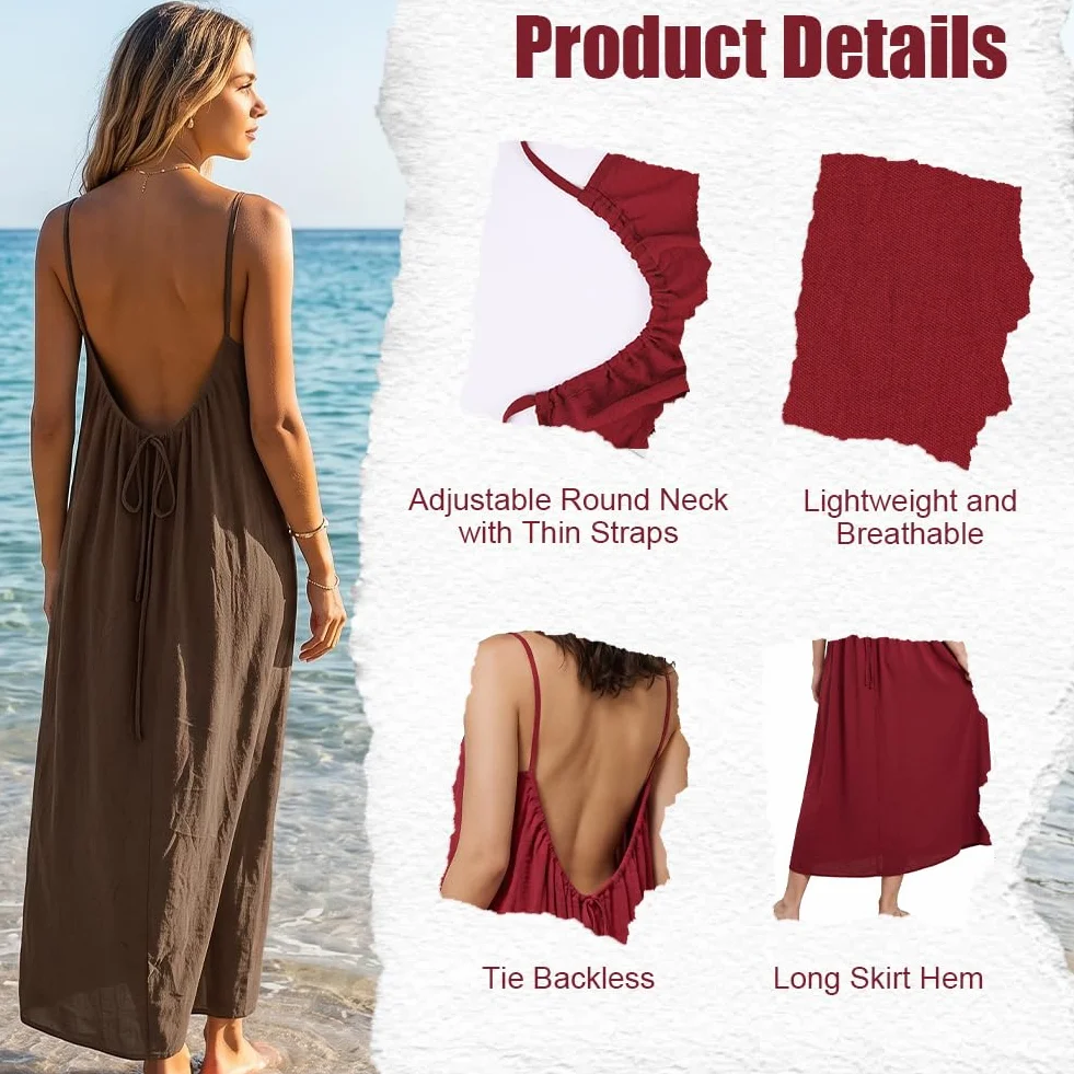 Aomig Letnie sukienki damskie na ramiączkach, sukienka bez pleców, damskie sukienki plażowe, styl boho, na plażę, wakacje