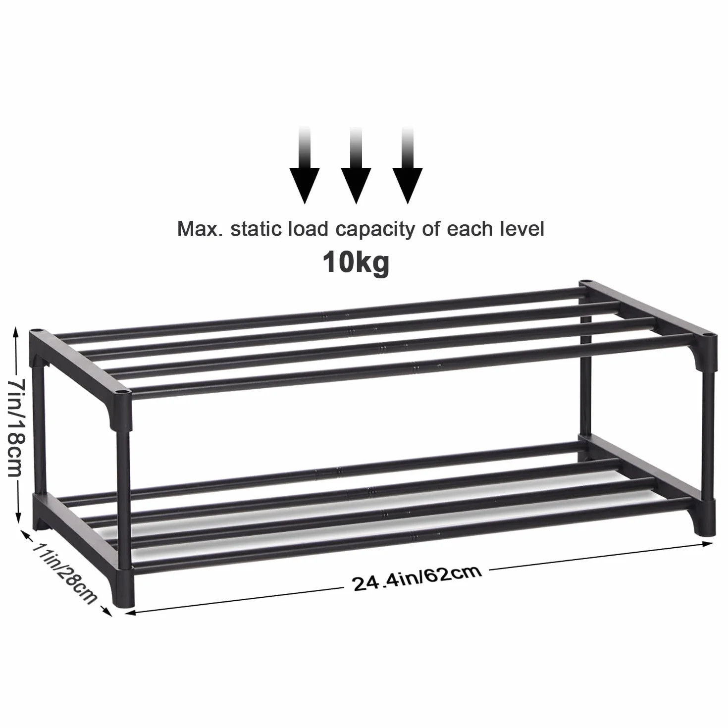 Regał na buty, metalowa półki na buty 2 półkami, pomieści 6 par butów, powłoka antykorozyjna, nadaje się do akademika, wynajmu domu, na balkon, 60 x 28 x 18 cm, czarna