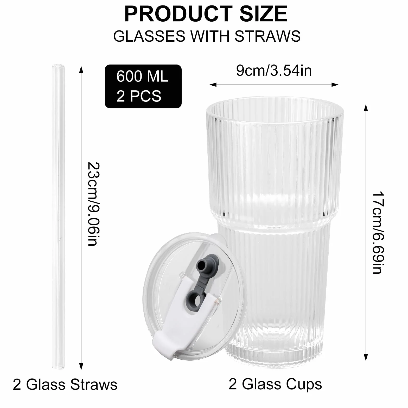 DAWRIS Szklane kubki 600 ml z pokrywką i słomką do smoothie i kawy mrożonej