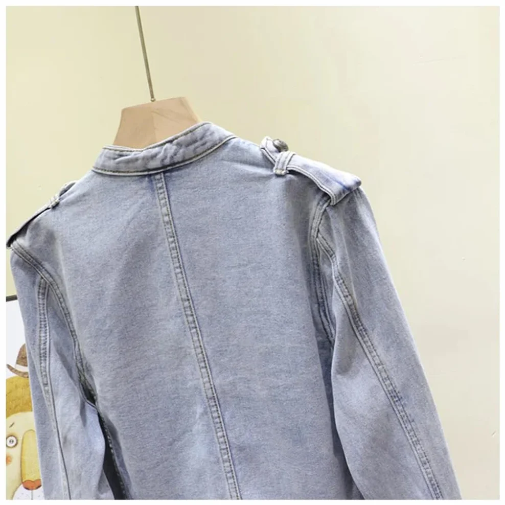 Hndudnff Damskie wojskowe kurtki dżinsowe ze stójką wąska dwurzędowa krótka kurtka dżinsowa odzież wierzchnia