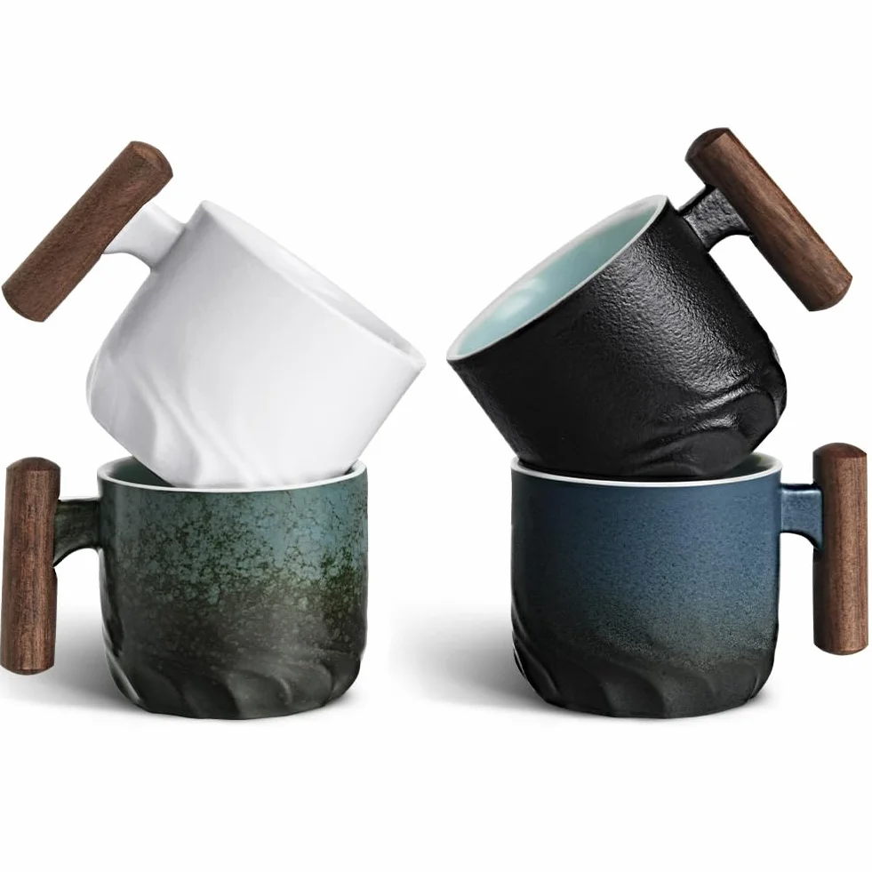 Vicloon Kubek do espresso 70 ml ceramiczny z drewnianą uchwytem retro ręcznie szkliwiony