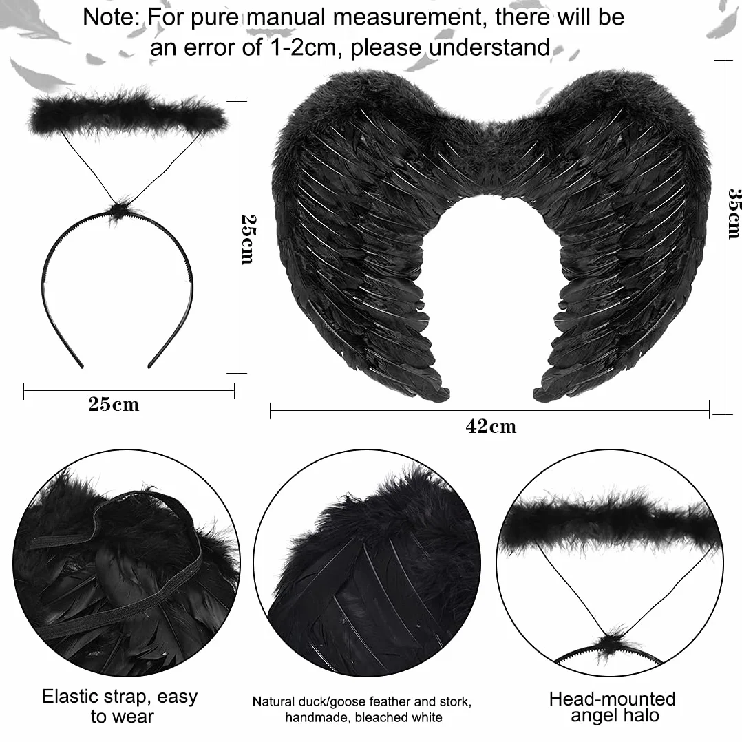 Skrzydła anioła, czarne skrzydła i aureola, czarne pióra, czarne skrzydła anioła, skrzydła diabła, kostium ciemnego anioła, kostium Black Wings, kostium upadłego anioła, Boże Narodzenie, Halloween
