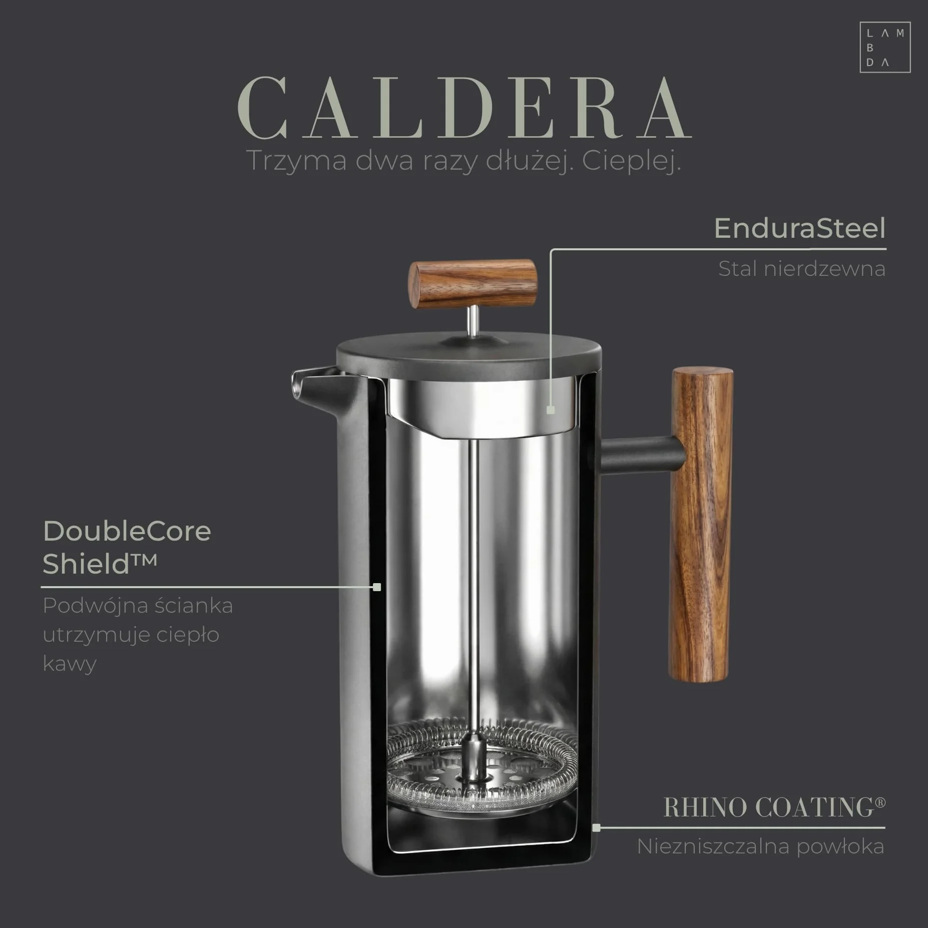LAMBDA COFFEE® CALDERA Thermo French Press stal nierdzewna 0,6L podwójne ścianki czarny