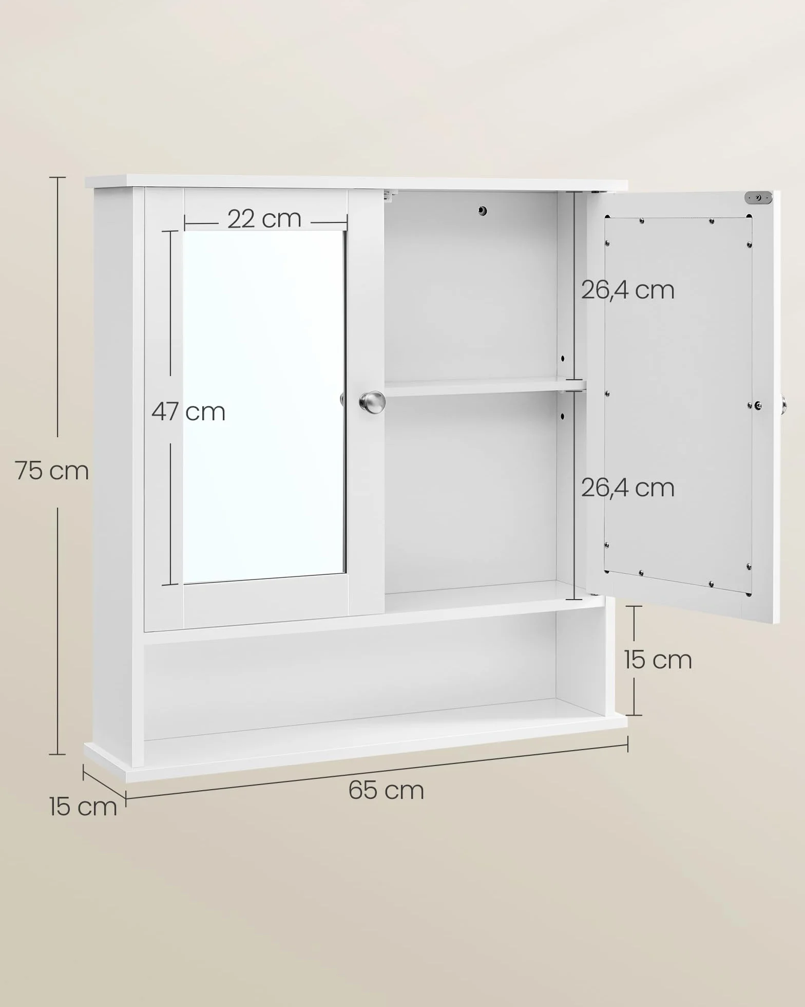 VASAGLE LHC012W01 Szafka łazienkowa z lustrem, szafka ścienna z 2 drzwiami lustrzanymi i otwartą przegródką, regulowana półka, montowana na ścianie, 15 x 65 x 75 cm, biała