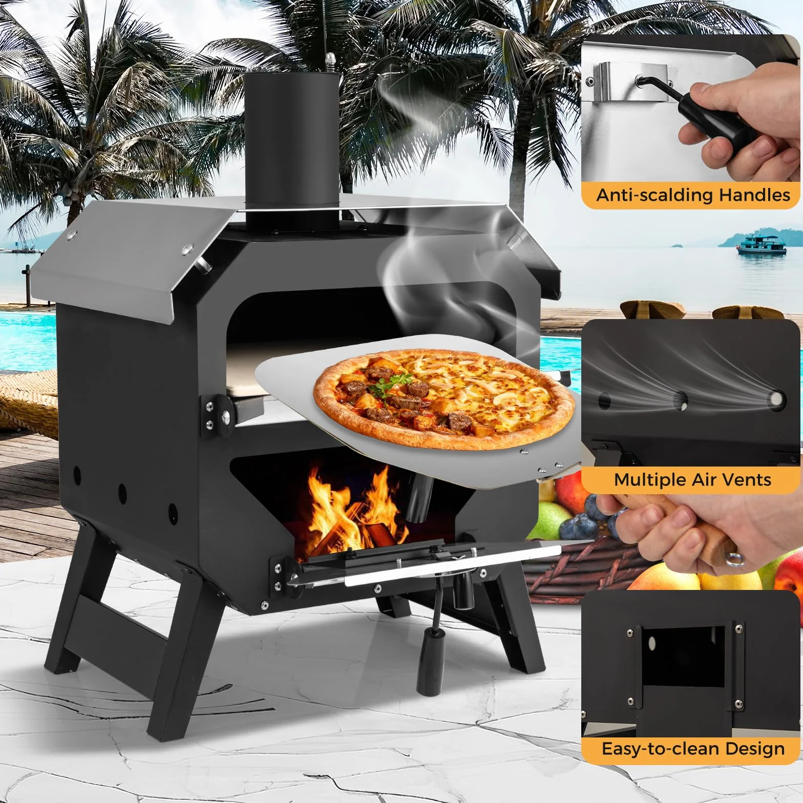 KOMFOTTEU Piec do pizzy na zewnątrz, przenośny piec do pizzy z kamieniem do pizzy, łopatką do pizzy i pokrowcem z tkaniny Oxford, piec na drewno ze stali nierdzewnej z uchwytami, piec do pizzy do