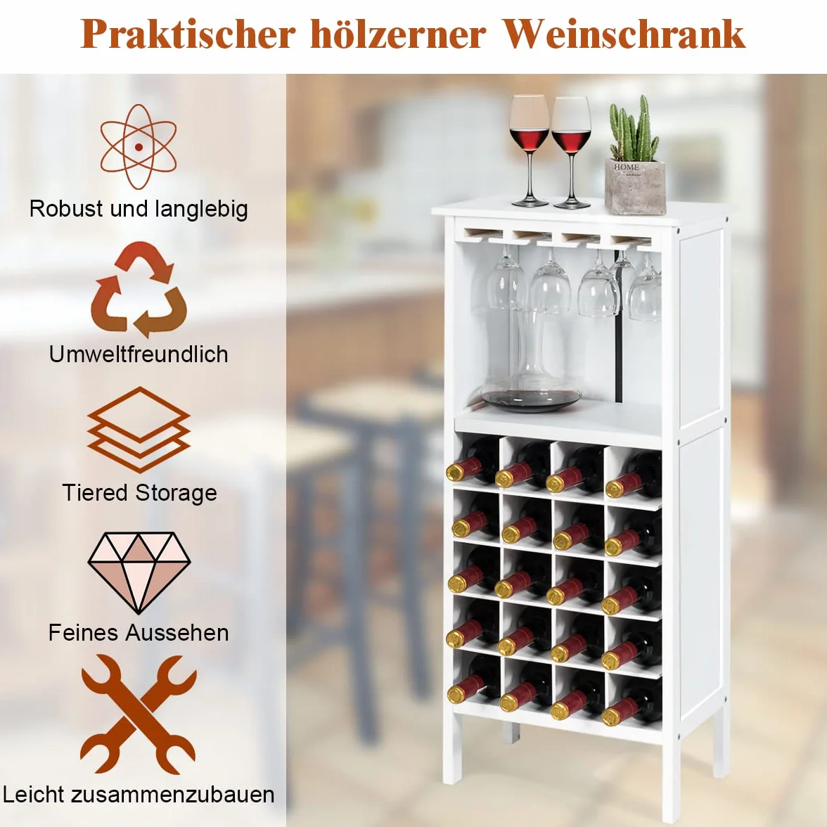 COSTWAY Szafka na wino 20 butelek drewniany regał z uchwytem na szkło 42x24,5x96 cm biała