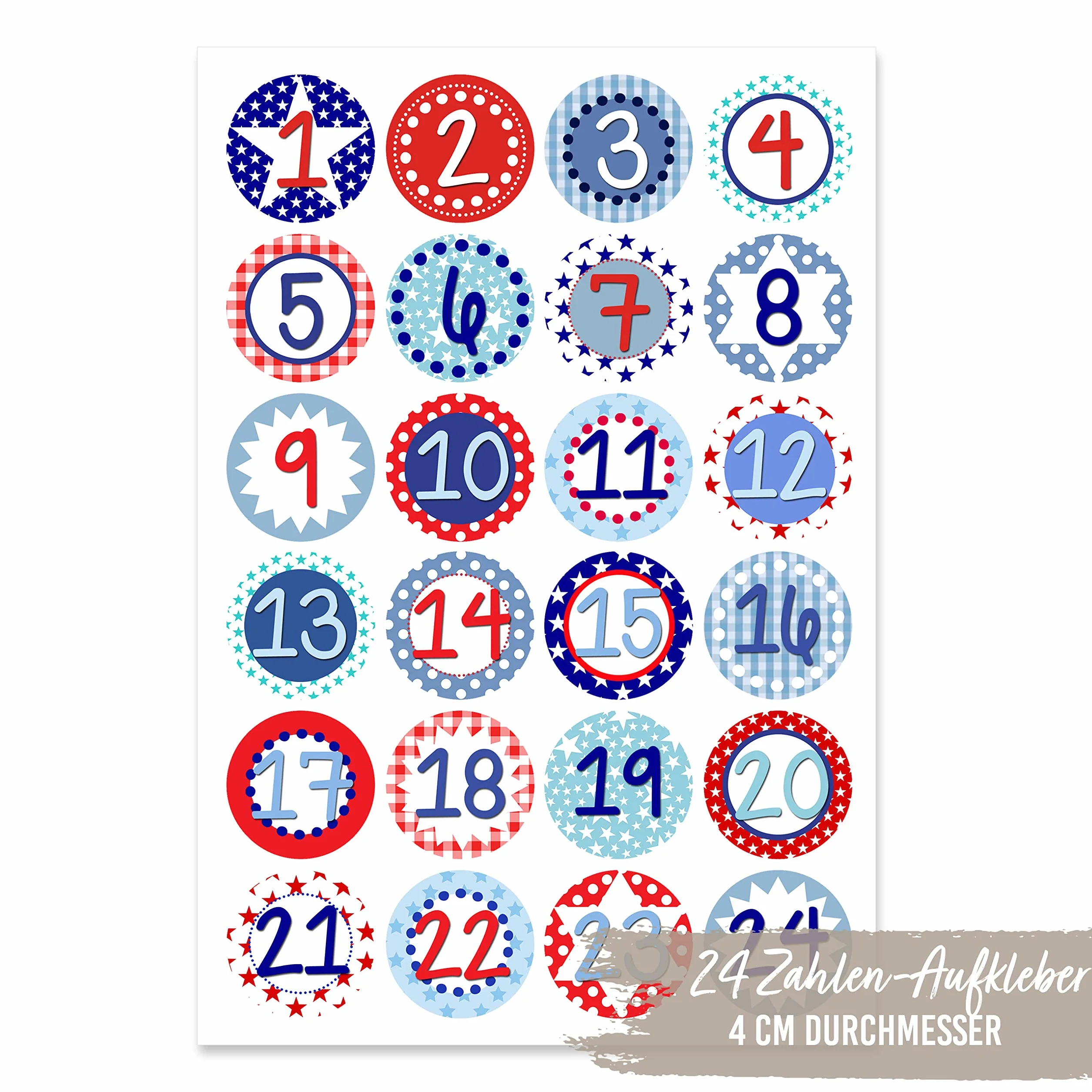 24 naklejki z numerami kalendarza adwentowego - niebieskie czerwone wzorzyste nr 12 - naklejki 4 cm - do majsterkowania i dekorowania - przez Papierdrachen