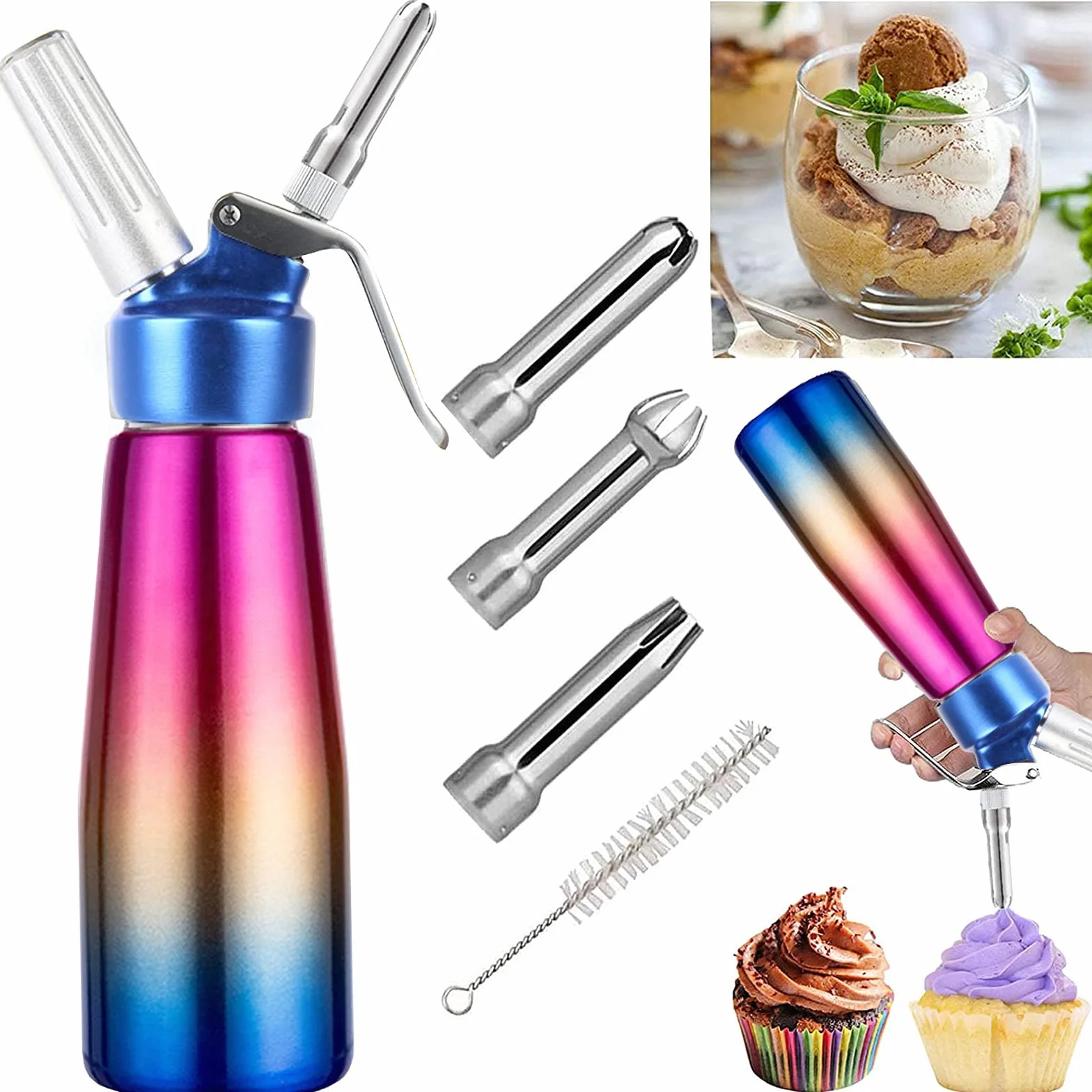 Comforty Dozownik do śmietany 500 ml ze stali nierdzewnej, profesjonalny syfon do śmietany z aluminiowym korpusem + 3 dysze i 1 szczotka do czyszczenia deserów, ciast