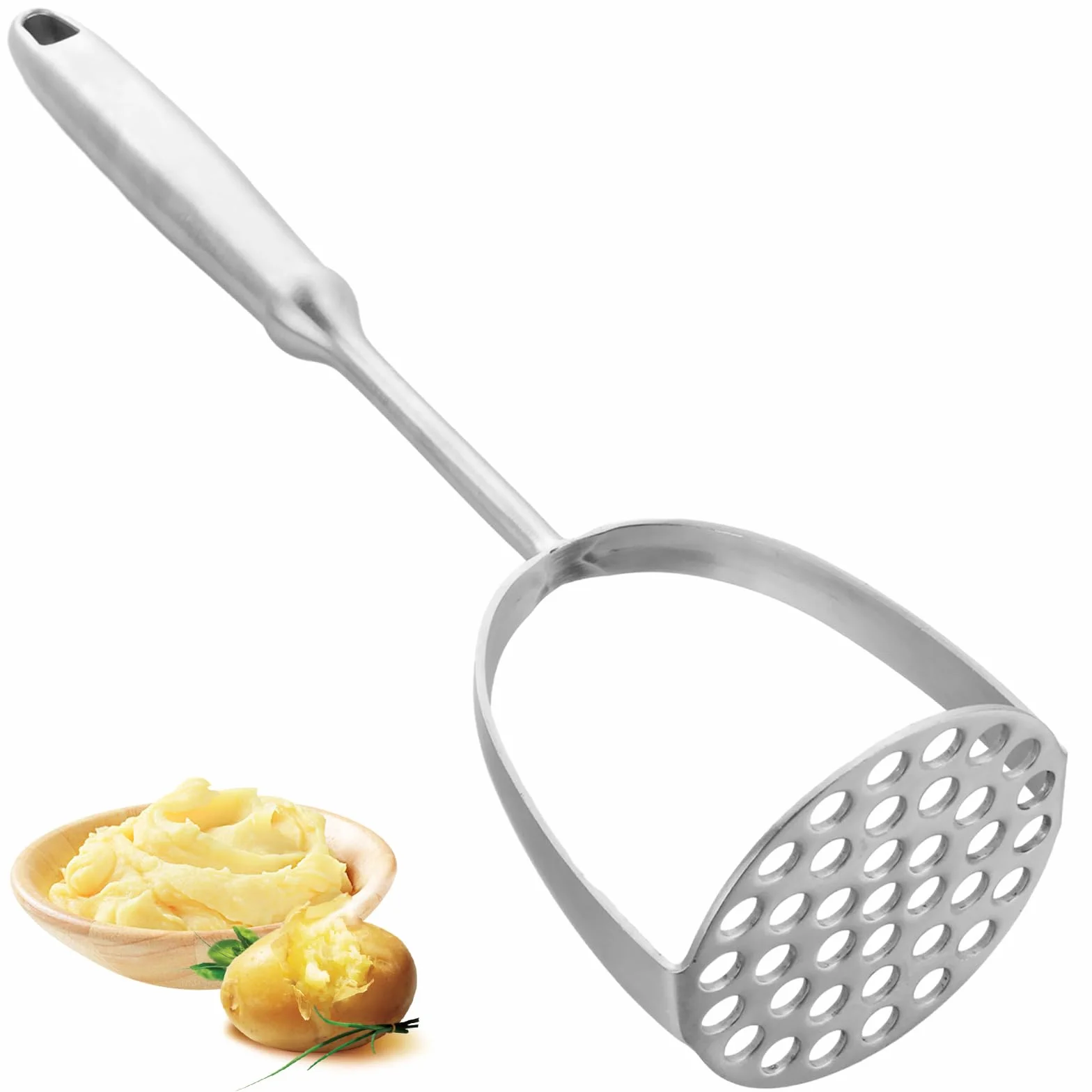 ASelected Tłuczek do ziemniaków, stal nierdzewna, z długim uchwytem, do warzyw, nadaje się do mycia w zmywarce, do tłuczonych ziemniaków, kremowych puree (315 x 80 mm)