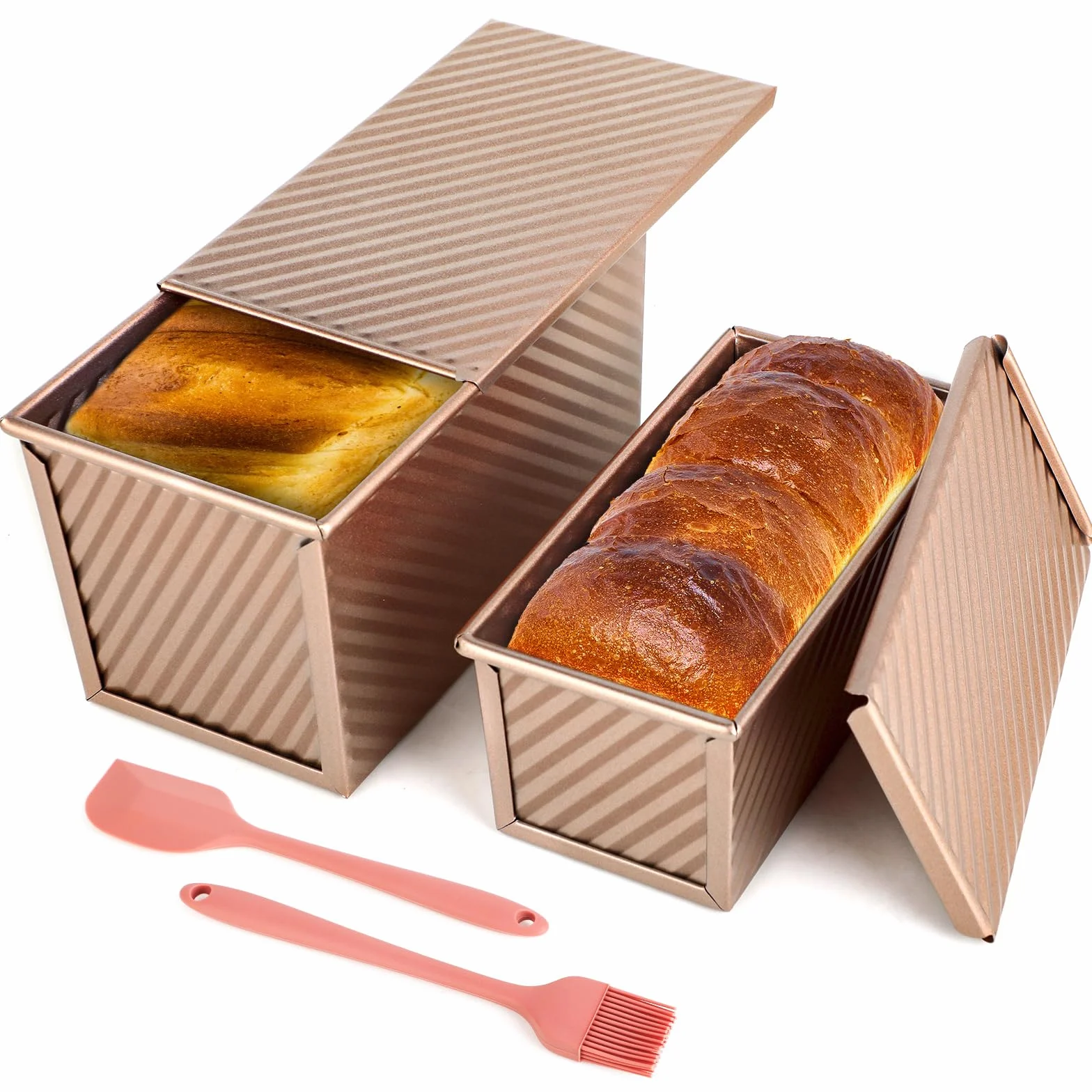 Zestaw 2 foremek do chleba Mie z pokrywką - nieprzywierająca forma z pokrywką na chleb, ciast i ciastek, foremka do bułek, w zestawie 1 silikonowa szpatułka i 1 silikonowy pędzel.