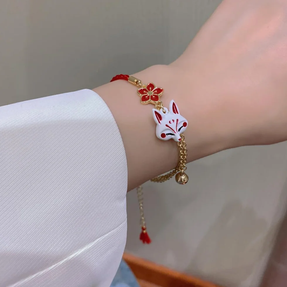 Japońska urocza czerwona sakura lis maska bransoletka dzwonek charm pół czerwona lina pół łańcuszek bransoletki dla kobiet, średnia, cynk, bez kamieni szlachetnych, Medium, Cynk, Bez kamienia