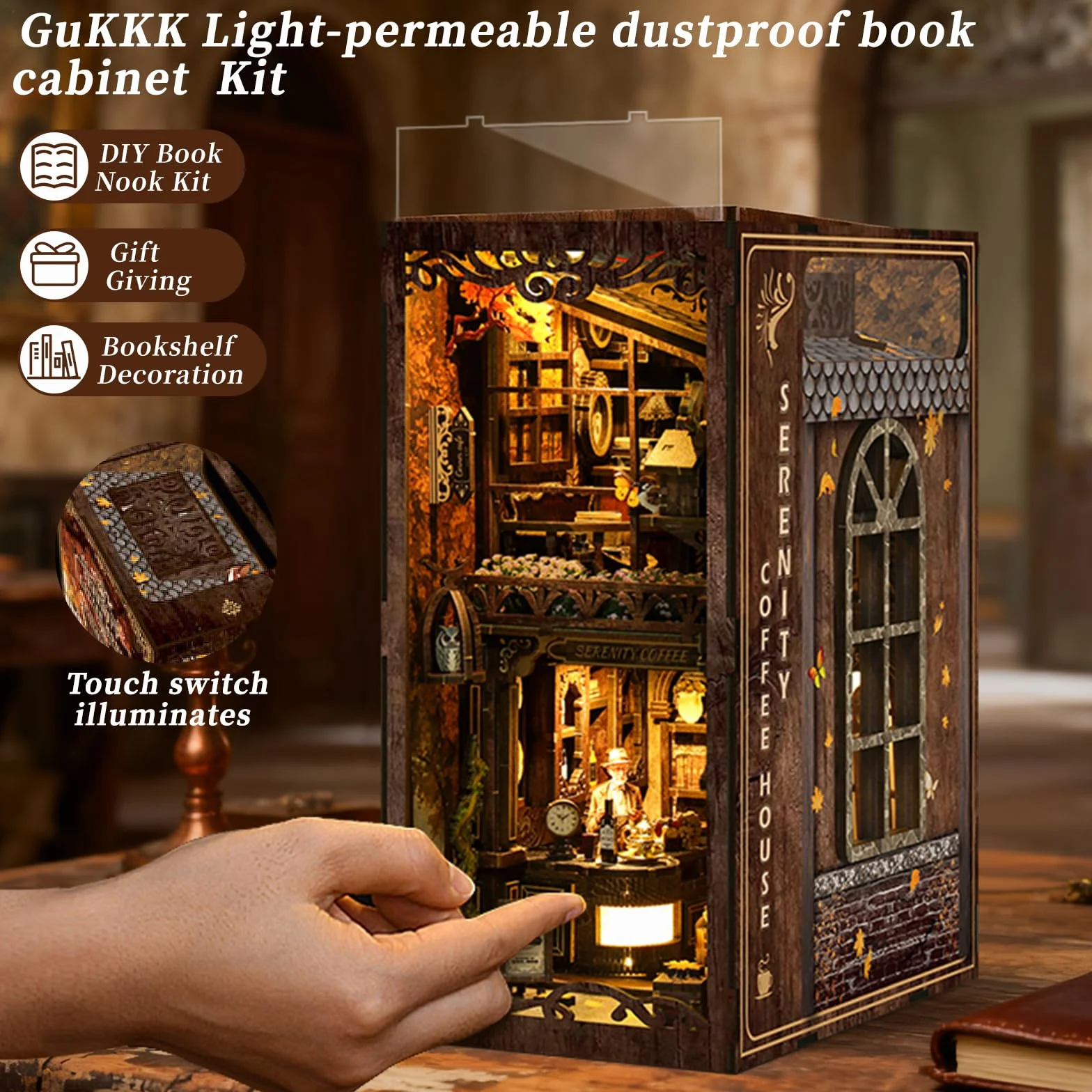 GuKKK Zestaw Book Nook DIY drewniane puzzle 3D z oświetleniem LED dekoracja półki na książki miniaturowy dom