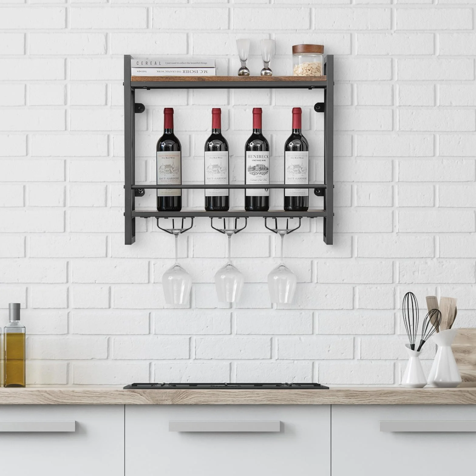 KOMFOTTEU Regał ścienny na wino drewniany z metalową ramą 60 x 20 x 55 cm