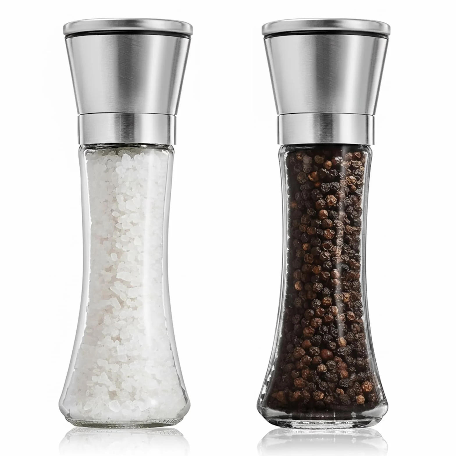 Młynki do Soli i Pieprzu ze Stali Nierdzewnej, Zestaw 2 szt. 190ml, Korpus Szklany, Żarna Ceramiczne