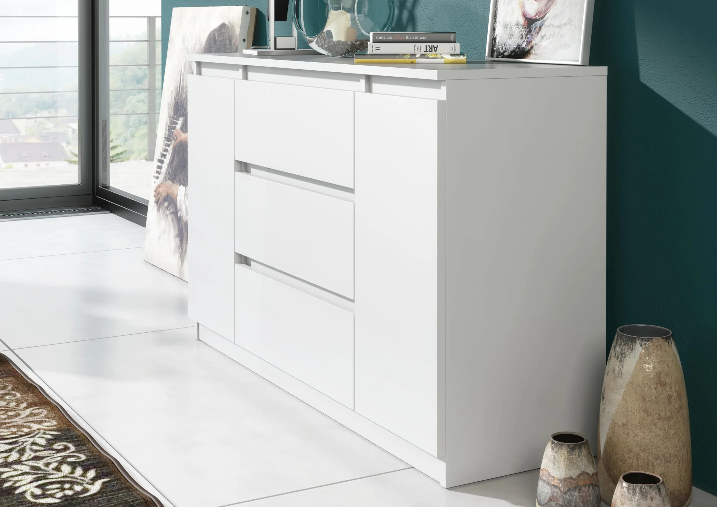 meble masztalerz Komoda Biała Mat z 3 szufladami i 2 drzwiami - 120,4x78,2x39 cm - Komoda do salonu, sypialni - Szafka z szufladami - Komoda z szufladami - 120 cm