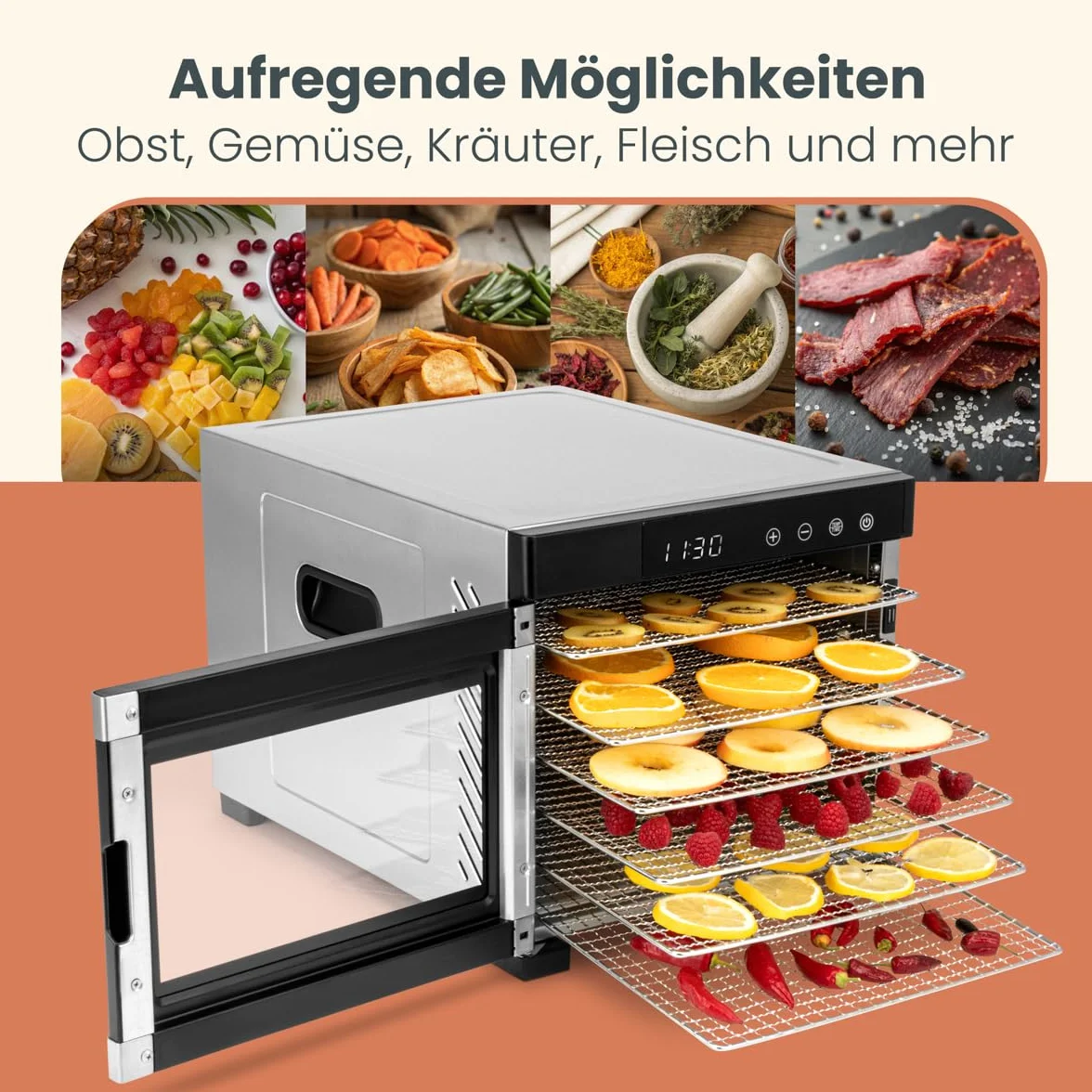 ProfiCook® PC-DR 1218 suszarka do włosów, stal nierdzewna, regulator temperatury 35-75°C, nie zawiera BPA, funkcja timera, 6 poziomów, wyświetlacz LED, obsługa dotykowa, owoce, mięso, owoce, 650 W,