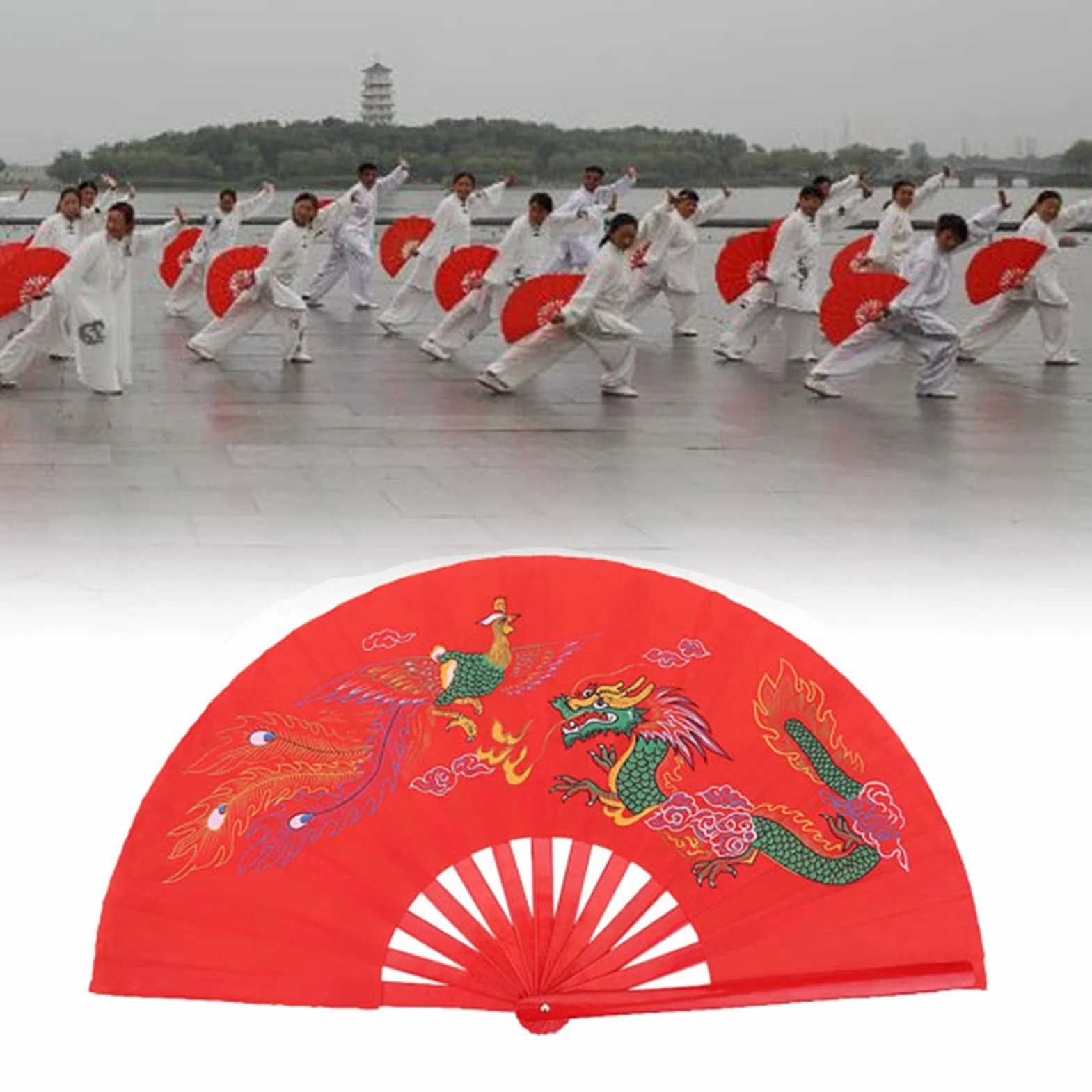 Wachlarz Tai Chi, Czerwony Chiński Wachlarz Kung Fu Bambusowy Wachlarz Prawy Wachlarz Tai Chi do Tańca Trening Fanów Kung Fu