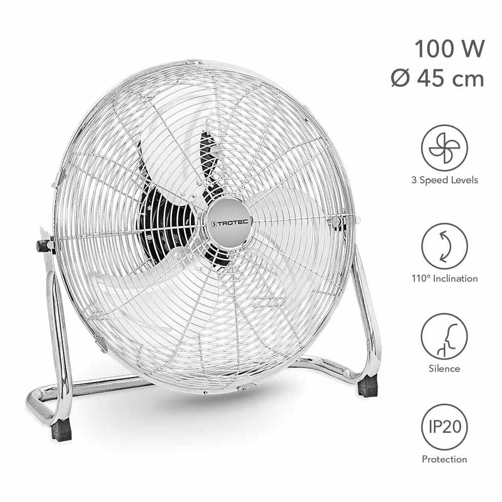 TROTEC Wentylator podłogowy TVM 18 – 100 W, kąt nachylenia 110°, 3 prędkości, Ø 45 cm, podstawa odporna na przechylanie, cichy, srebrny