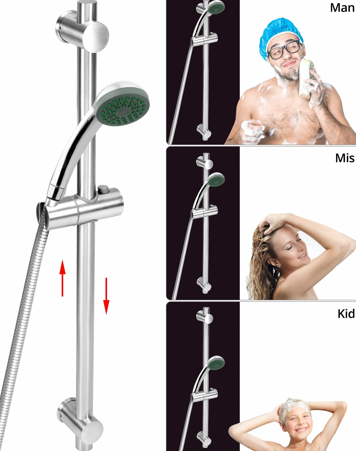 QWORK® Drążek prysznicowy 66 cm z elastycznym uchwytem na słuchawkę prysznicową– Stal nierdzewna SUS 304 – Wykończenie szczotkowane – Regulowane podstawy montażowe
