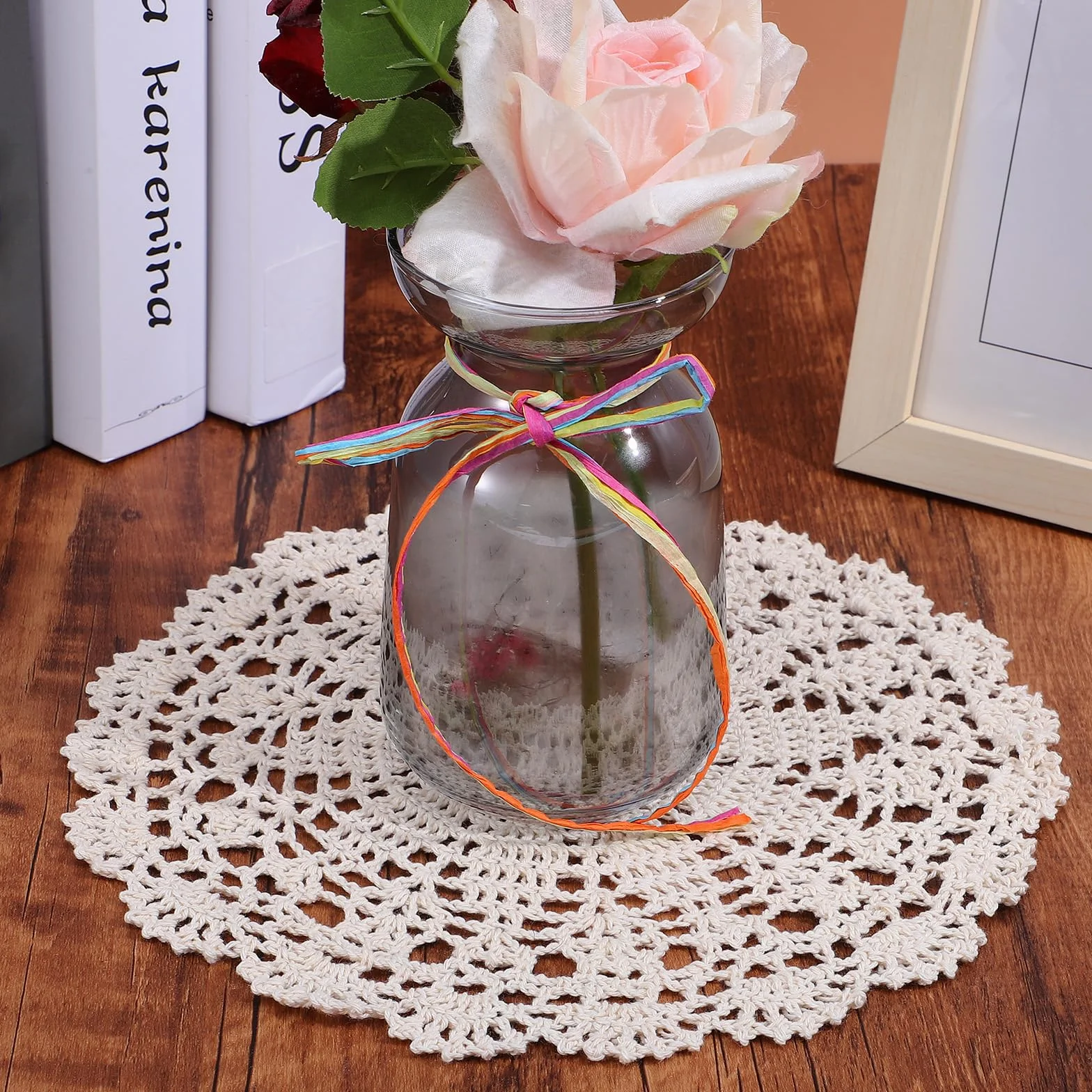 4 szt. 25 cm szydełkowane serwetki beżowe okrągłe serwetki ręcznie robione szydełkowane podkładki retro serwetki na meble do kuchni, stołu jadalnego, ślub, dekoracja na przyjęcie urodzinowe
