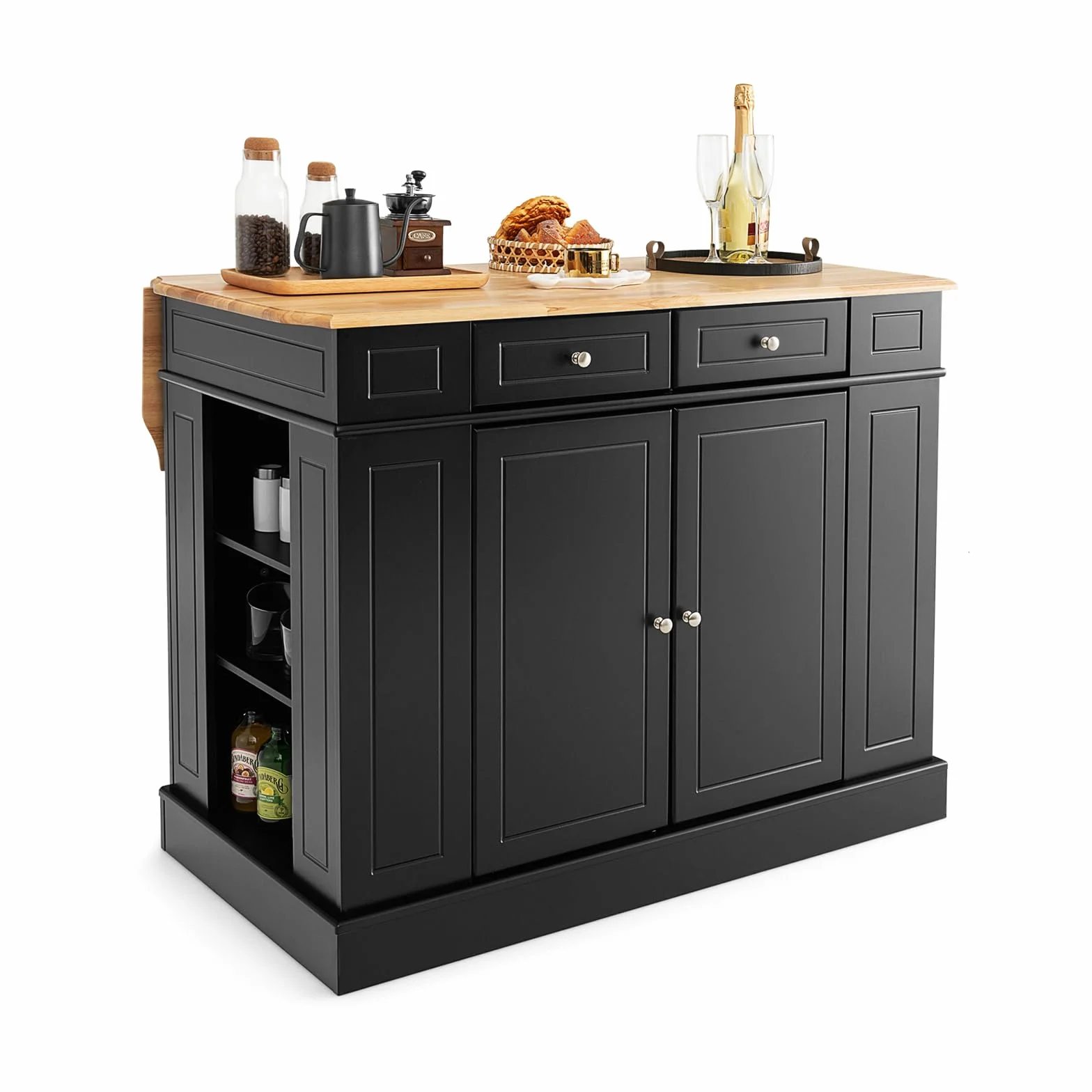 COSTWAY Wyspa kuchenna z rozszerzalnym blatem roboczym, szafka z szufladami i półkami, drewno, 120 x 91 x 92 cm, czarna