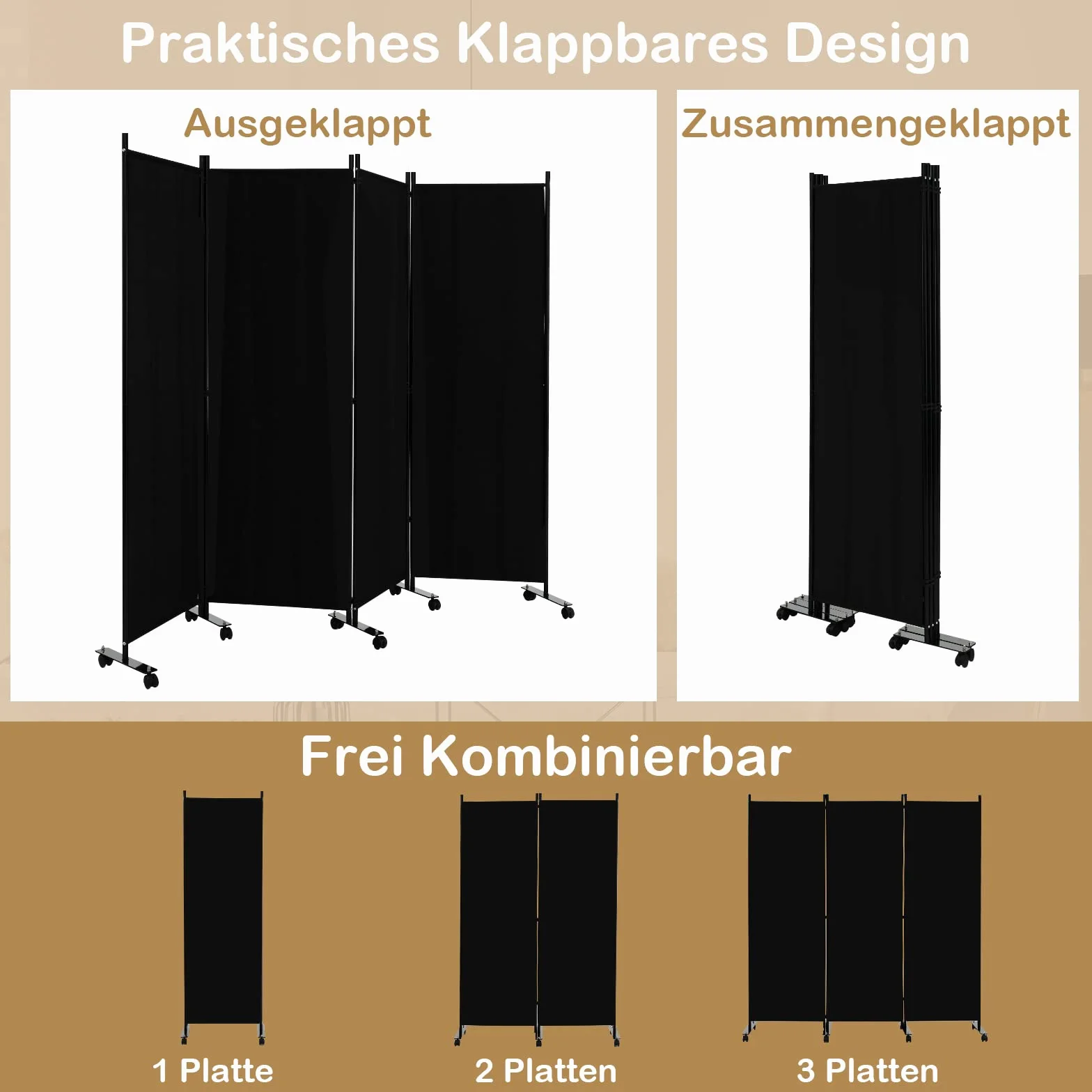 GOPLUS 4-częściowa składana ścianka działowa 225 x 173 cm metalowa rama parawan z rolkami czarny