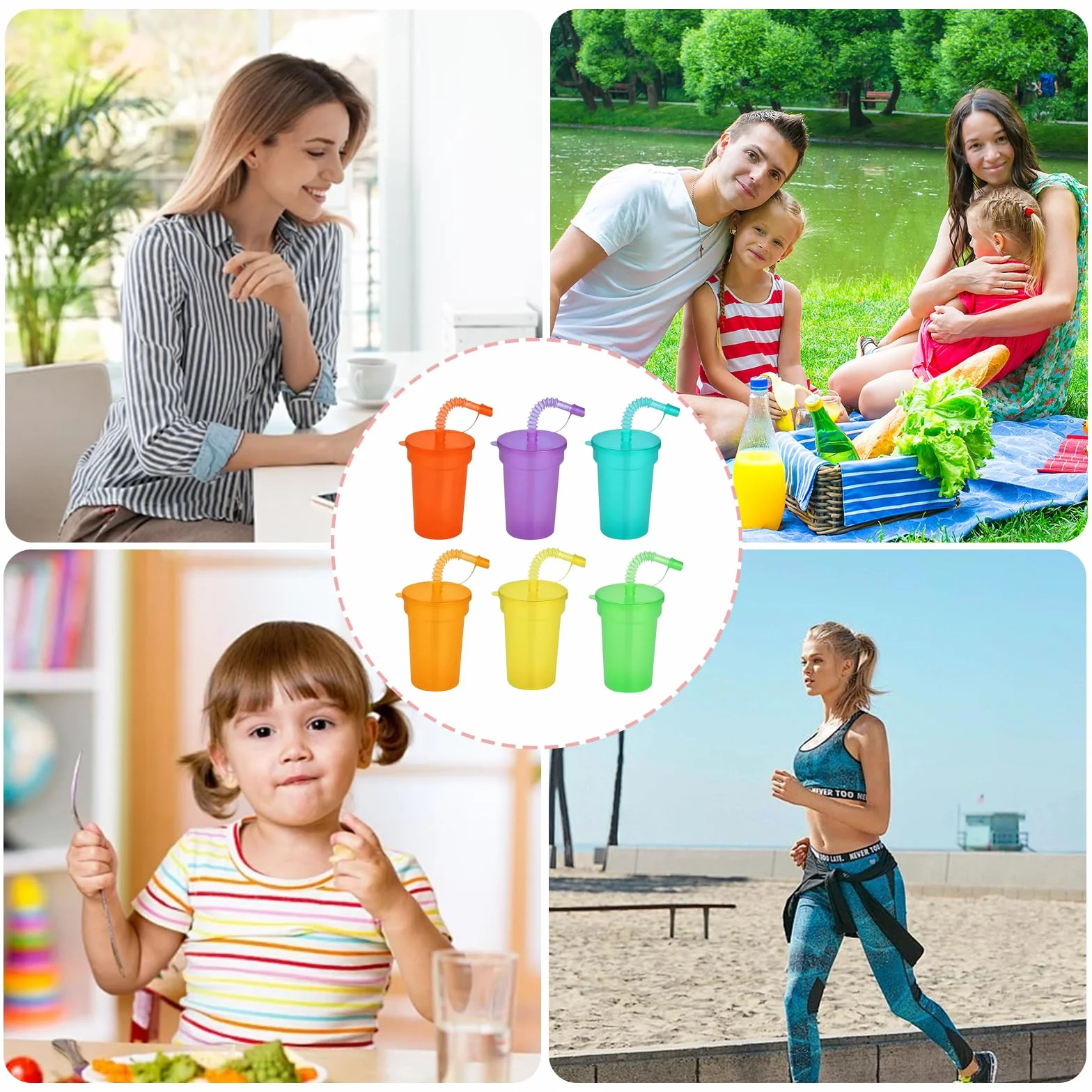 12 sztuk kubków, kubków imprezowych, z pokrywką i słomkami, 380 ml, plastikowe kubki wielokrotnego użytku, neonowe kubki do kawy mrożonej, zimnej i smoothie