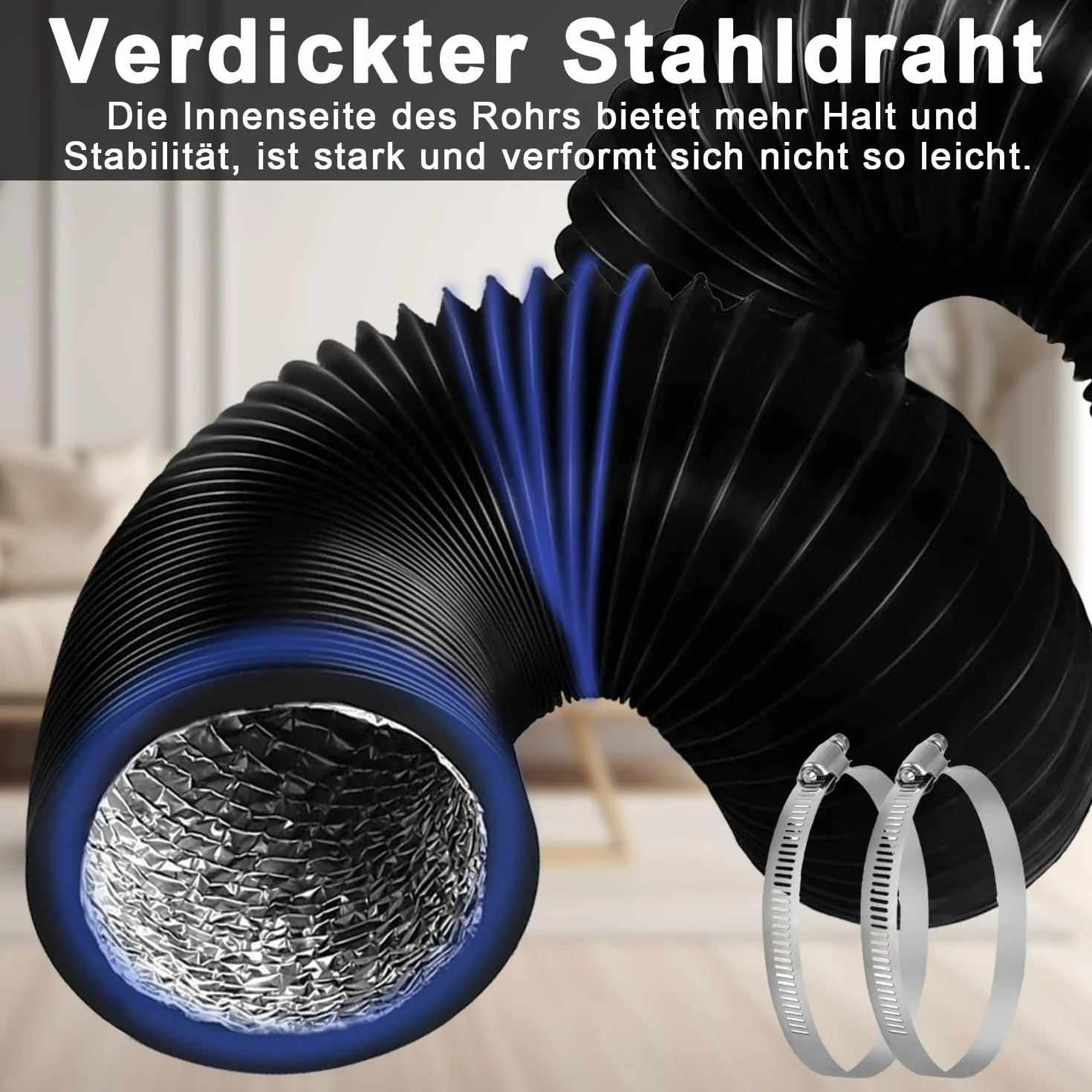 Wąż odprowadzający powietrze 125 mm z aluminium, elastyczne rury aluminiowe, długość 2 m, PVC, rury wentylacyjne z 2 kołami stalowymi, wąż do klimatyzacji, wąż odprowadzający powietrze z klimatyzatora