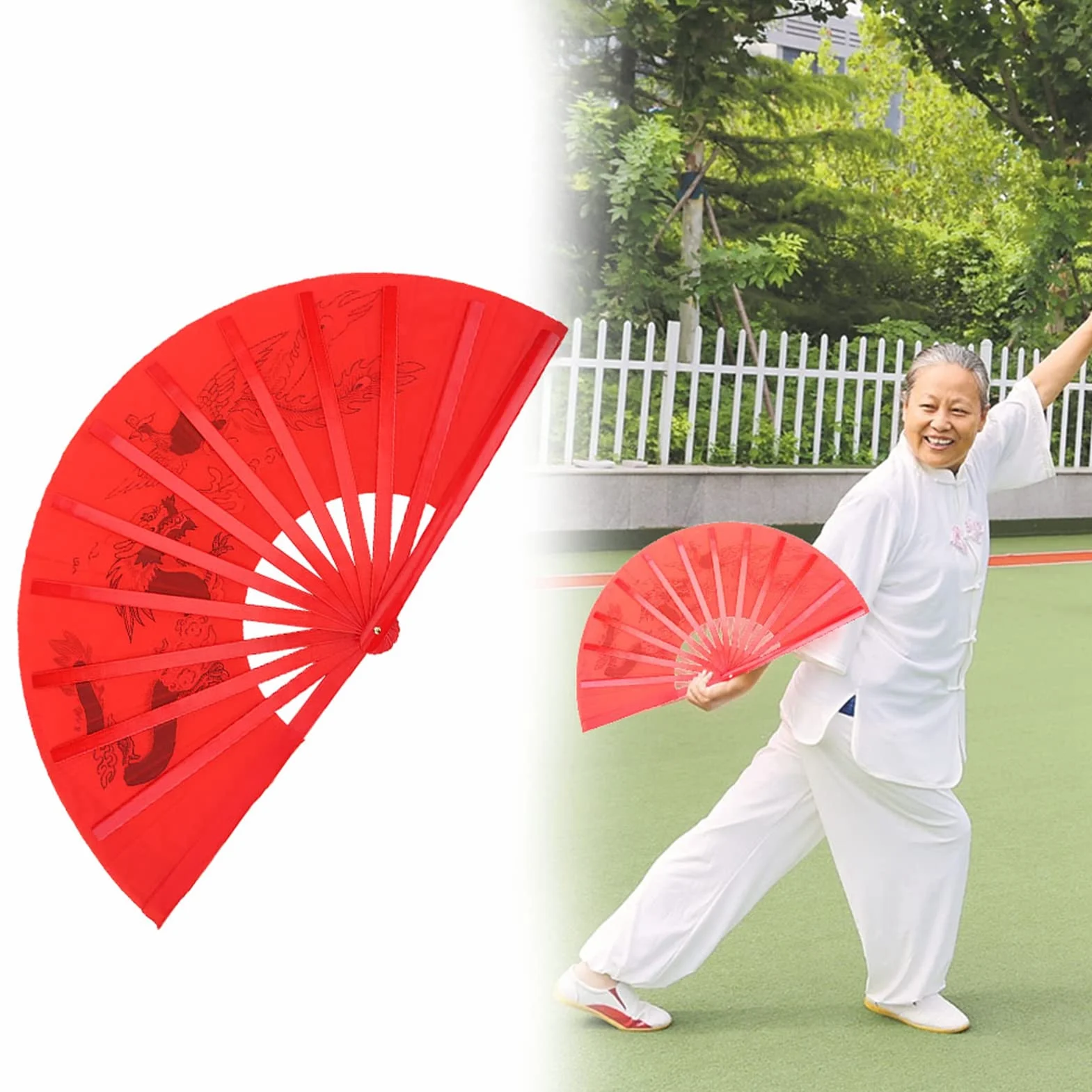 Wachlarz Tai Chi, Czerwony Chiński Wachlarz Kung Fu Bambusowy Wachlarz Prawy Wachlarz Tai Chi do Tańca Trening Fanów Kung Fu