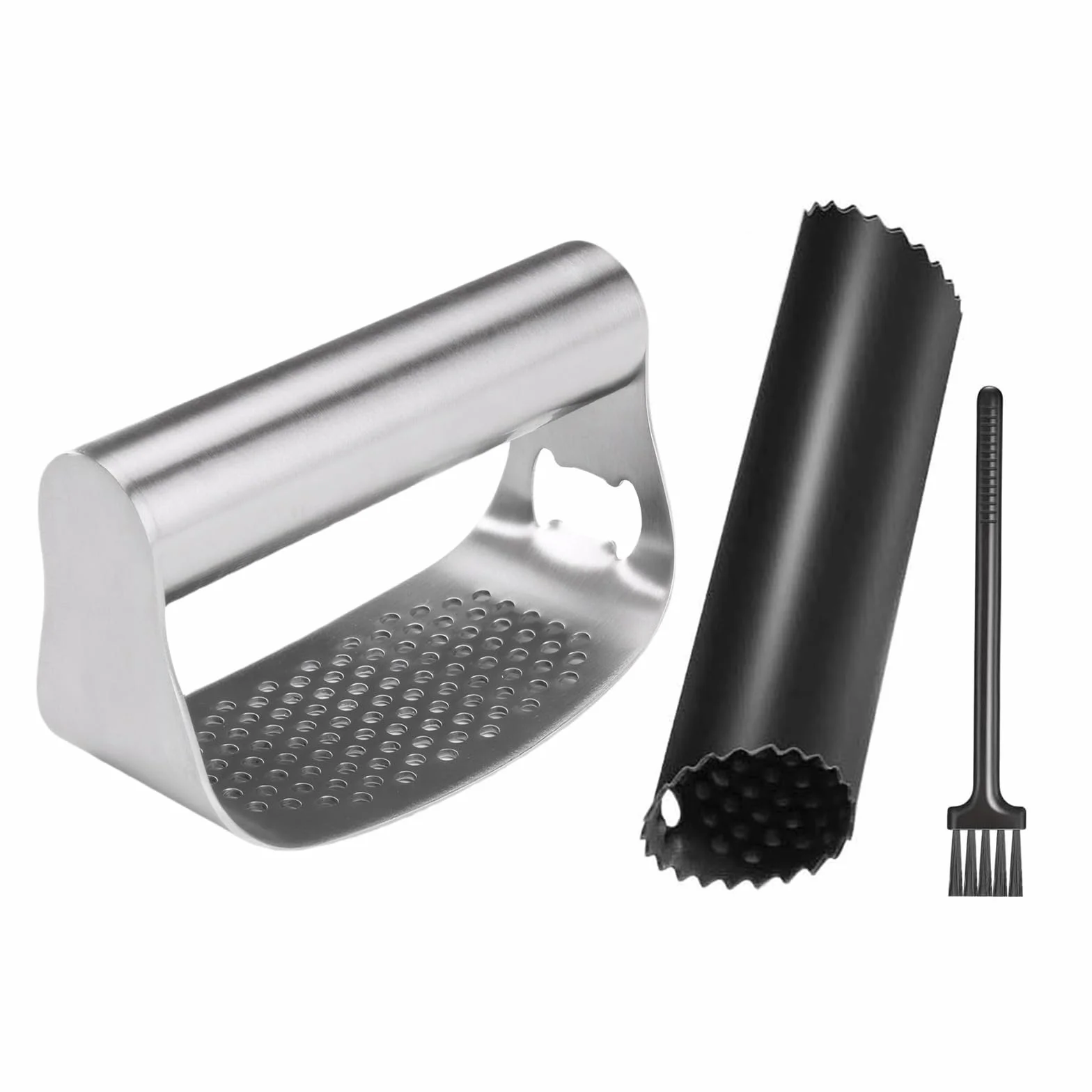MAEXUS® Wyciskarka do czosnku ze stali nierdzewnej, z praktyczną szczotką do czyszczenia i silikonową obieraczką do czosnku, łatwa obsługa do przygotowania czosnku