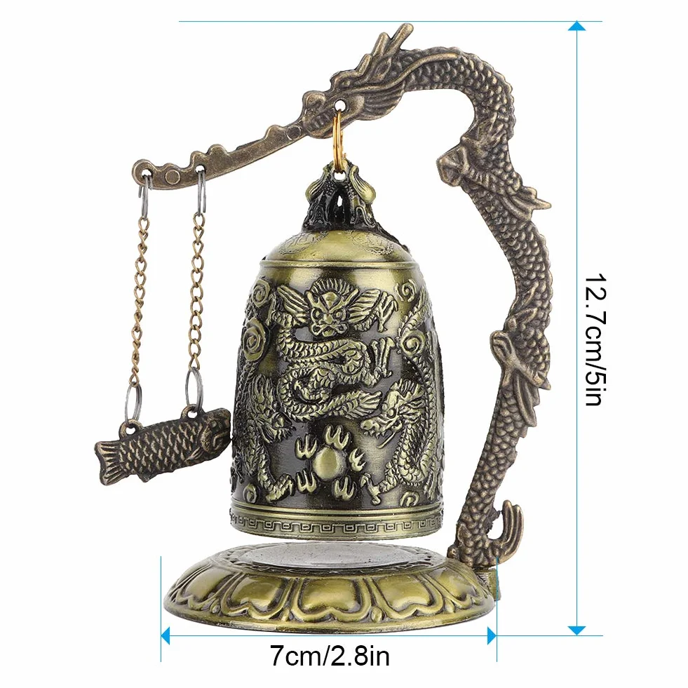 Vintage Dragon Bell, mały rzeźbiony brązowy dzwonek Feng Shui do dekoracji biurka i domu
