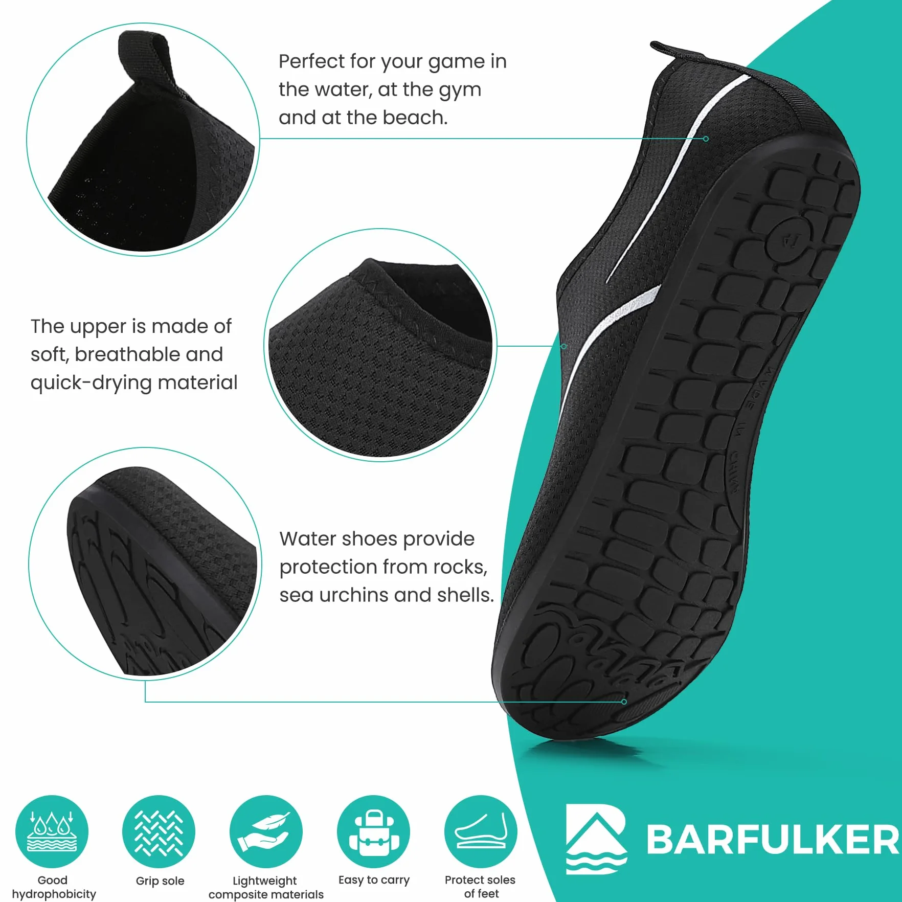 BARFULKER Buty do Wody, Damskie Buty Kąpielowe, Męskie Szybkoschnące Buty do Pływania, Lekkie Buty Plażowe, Antypoślizgowe Buty do Wody, Buty Boso dla Mężczyzn, Kobiet Czarny 42 EU