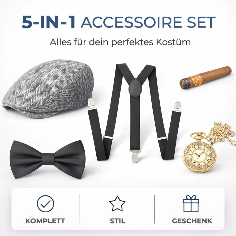 TK Gruppe Timo Klingler Kostimheld® 5 w 1-20 i 1920 akcesoria męskie zestaw na karnawał i karnawał - przebranie jak Gatsby, Charleston - kostium i kostiumy ostatki